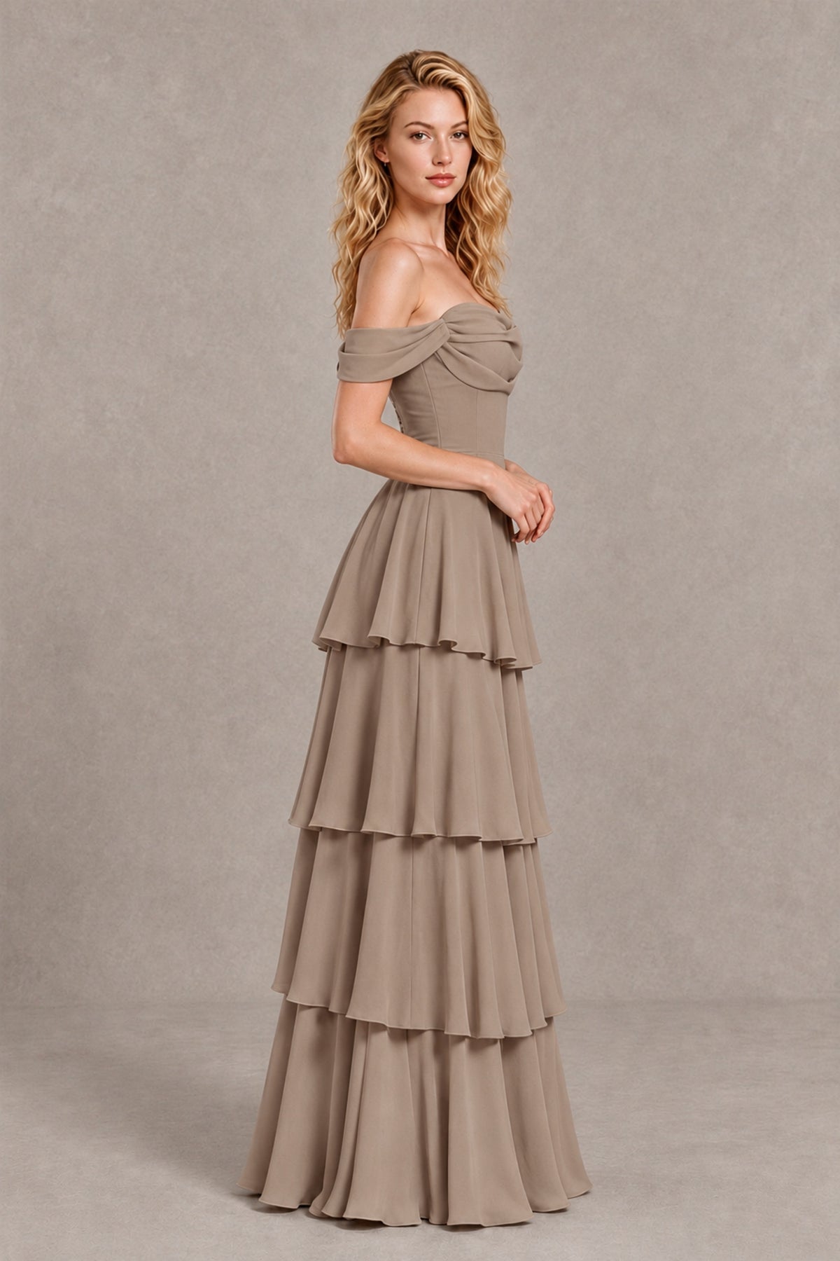 BOLODOO Taupe Off-the-Shoulder Tiered A-Line Evening Bridesmaid Dress - Taupe - Taupe_4