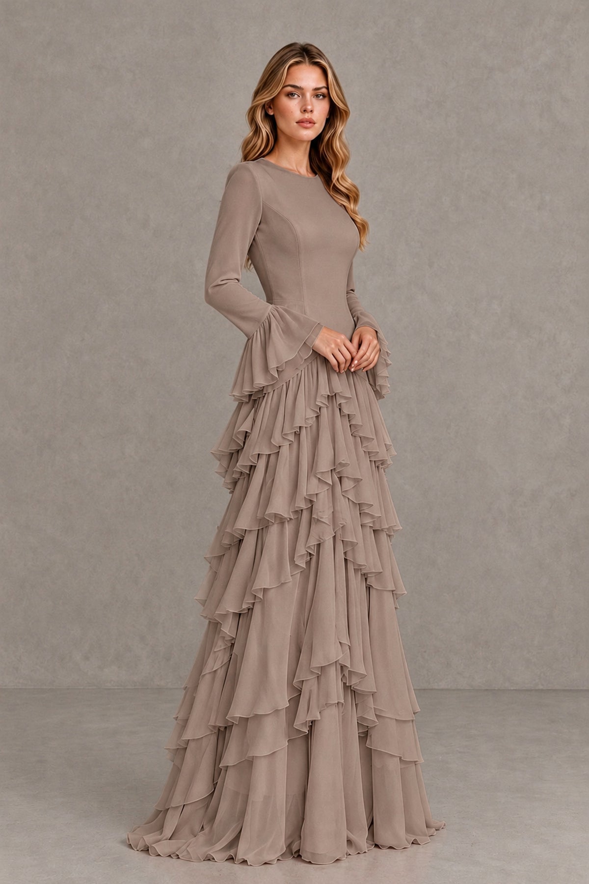 Taupe Long Sleeve Tiered Ruffle Evening Gown - Taupe - Taupe_4
