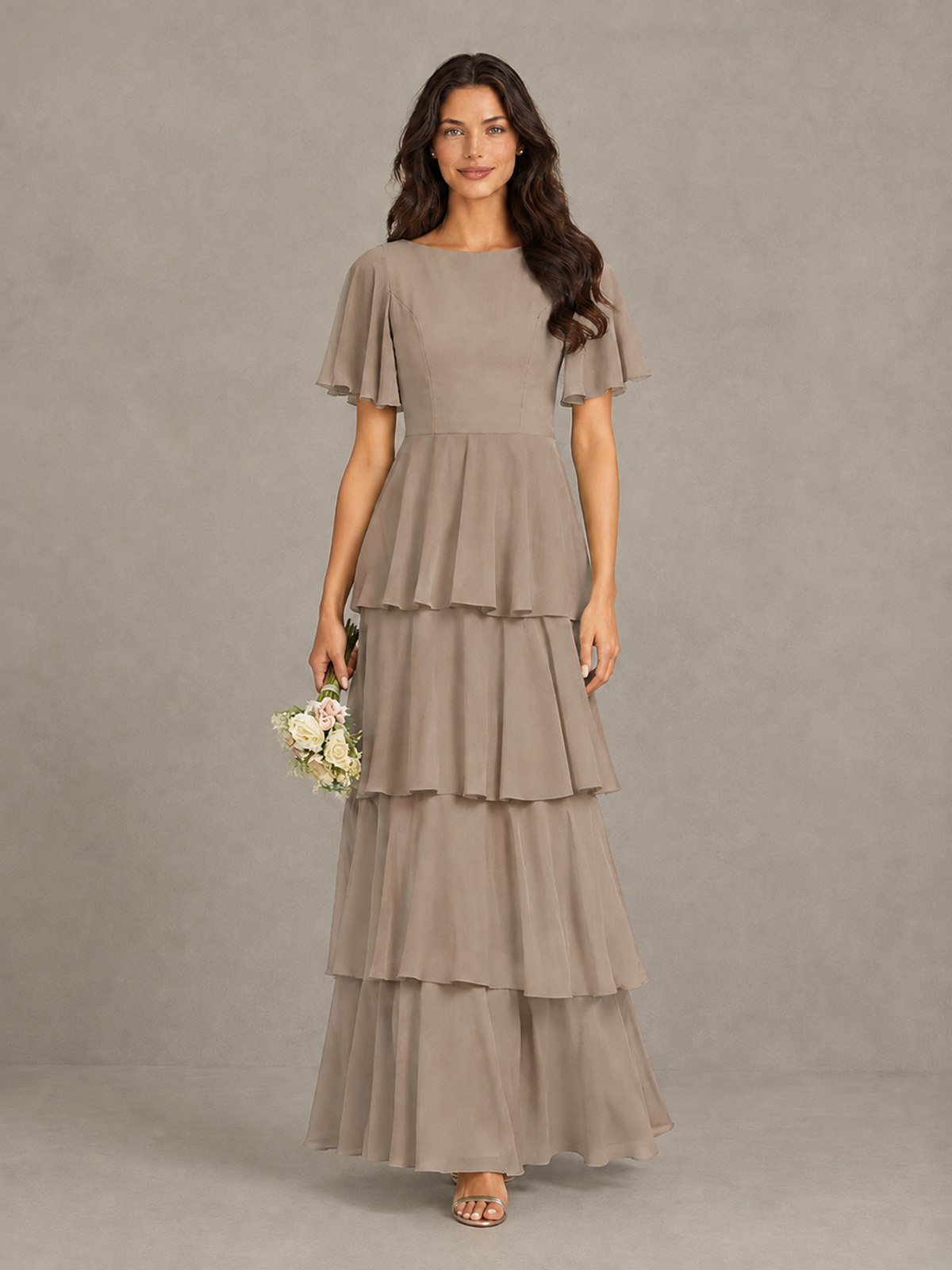 BOLODOO Taupe Tiered Flutter Sleeve Bridesmaid Dress - Taupe - Taupe_4