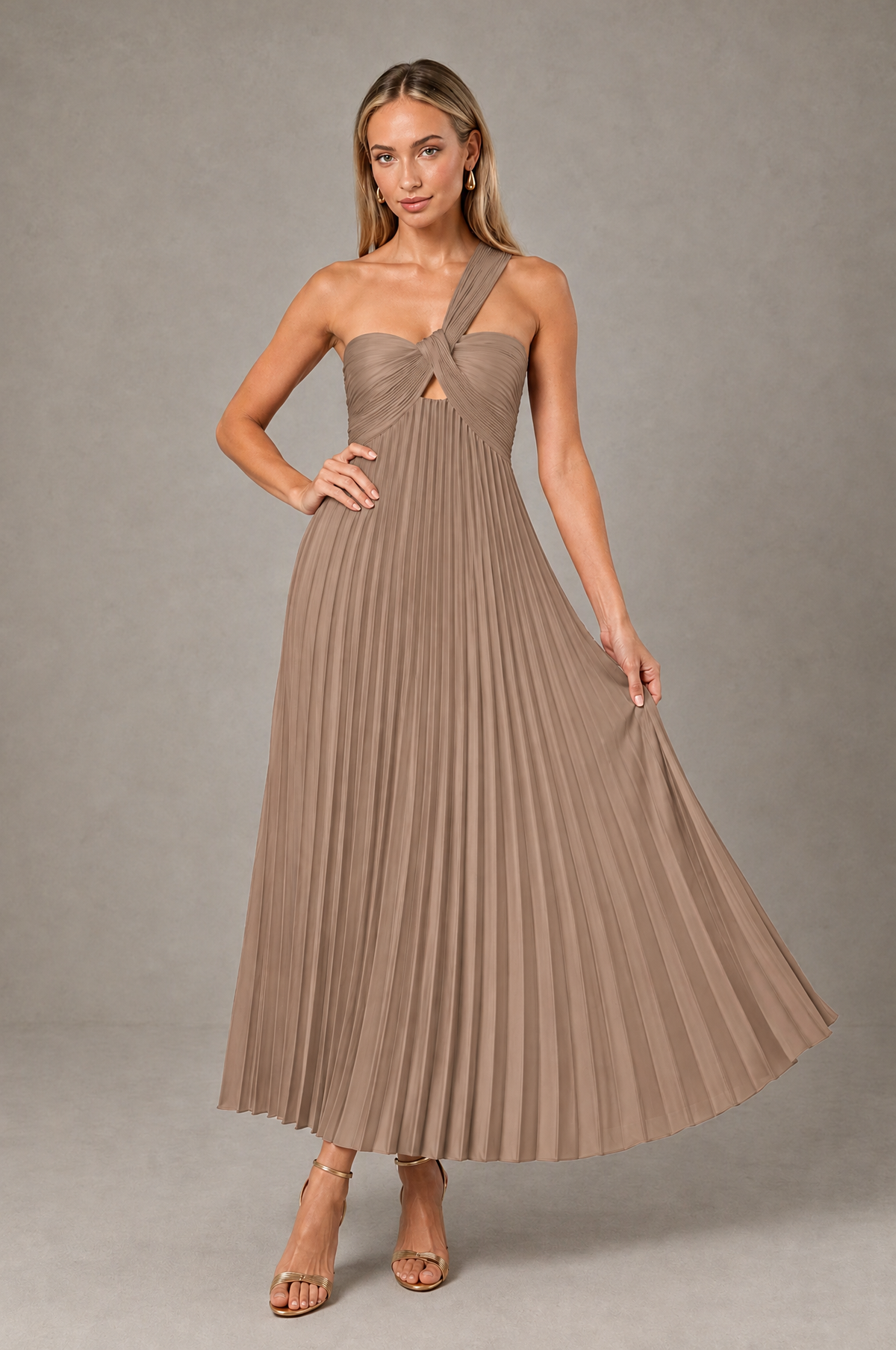 BOLODOO Taupe One-Shoulder Twist Knot Pleated Satin Midi Dress with Cutout - Taupe - Taupe_4