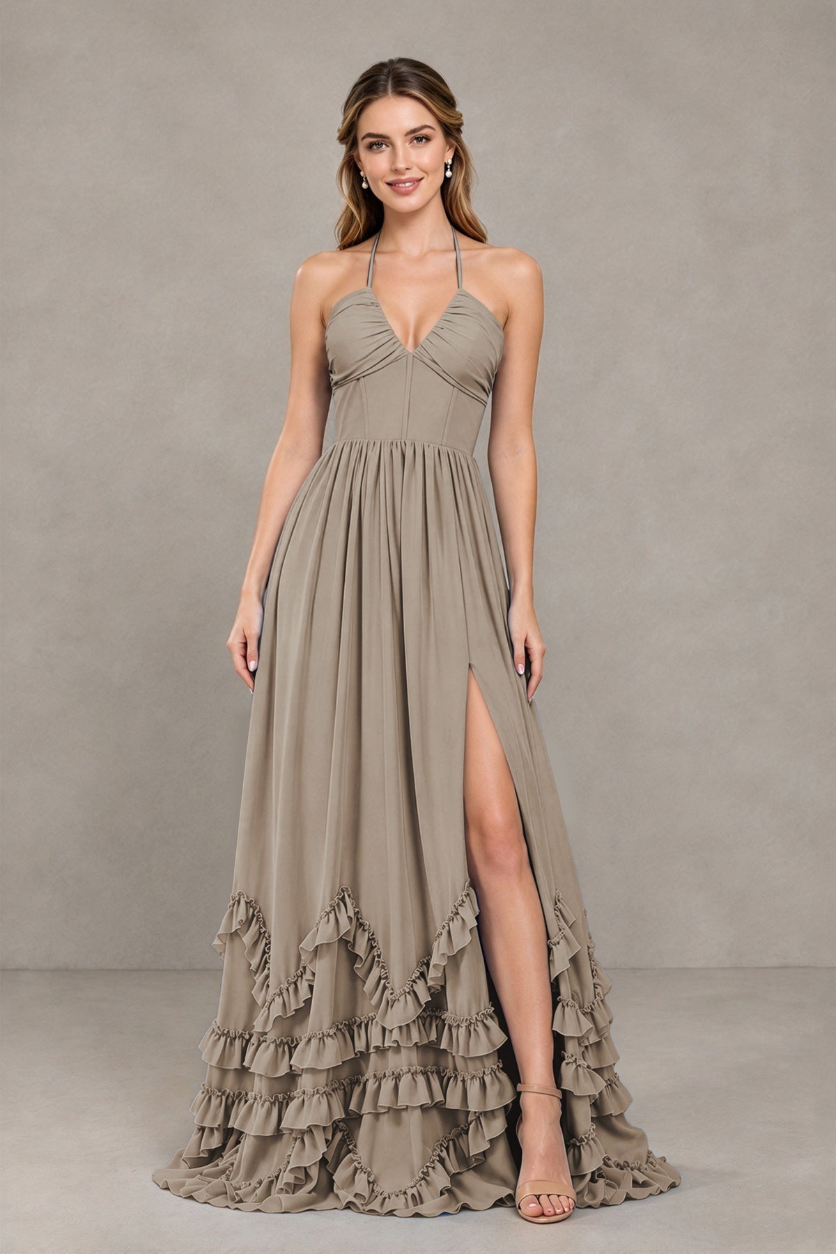 BOLODOO Taupe Halter Ruffle Hem A-Line Bridesmaid Dress with High Slit - Taupe - Taupe(4)