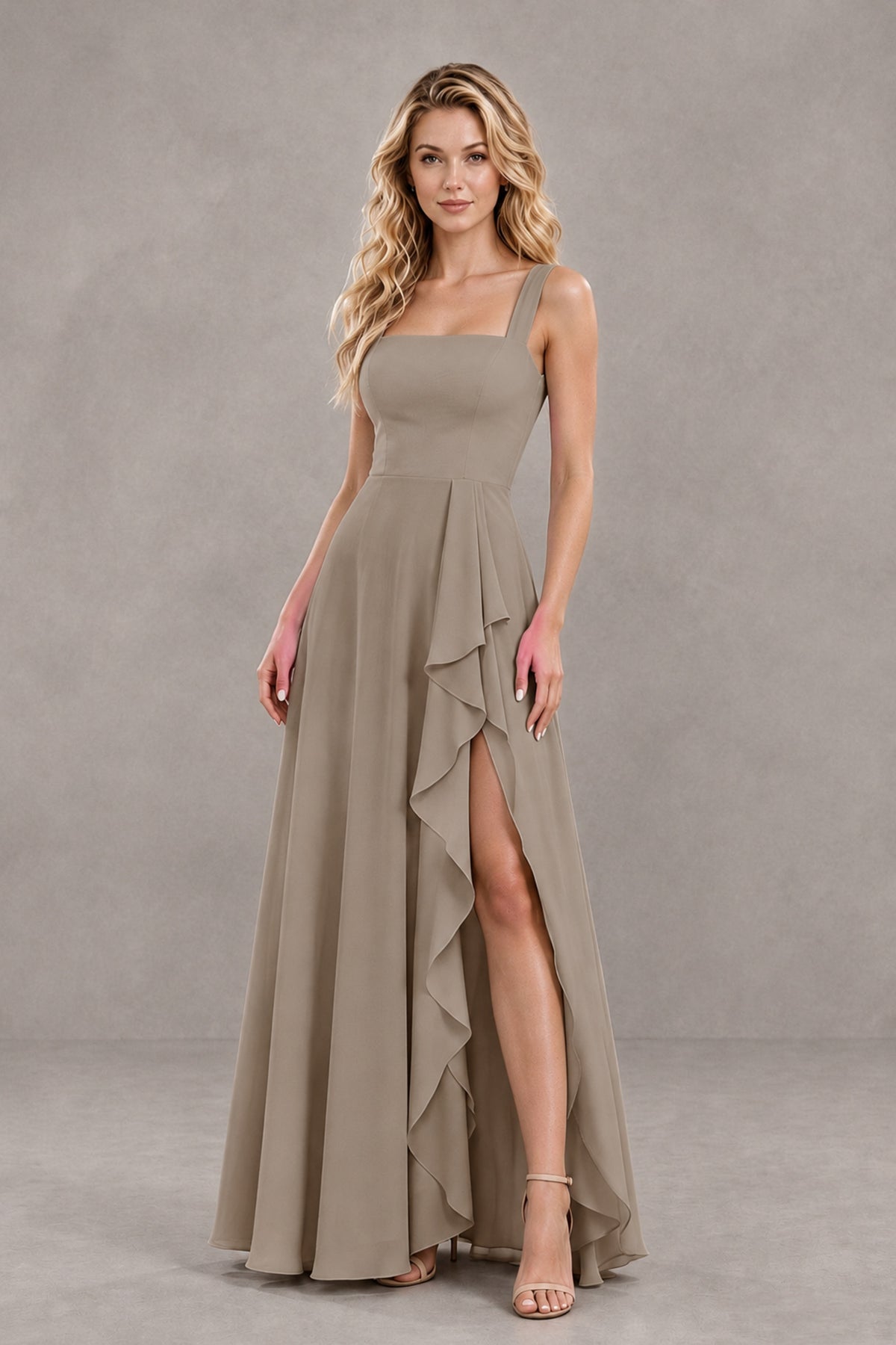 BOLODOO Taupe Square Neck Ruffle A-Line Bridesmaid Dress with Slit - Taupe - Taupe_4