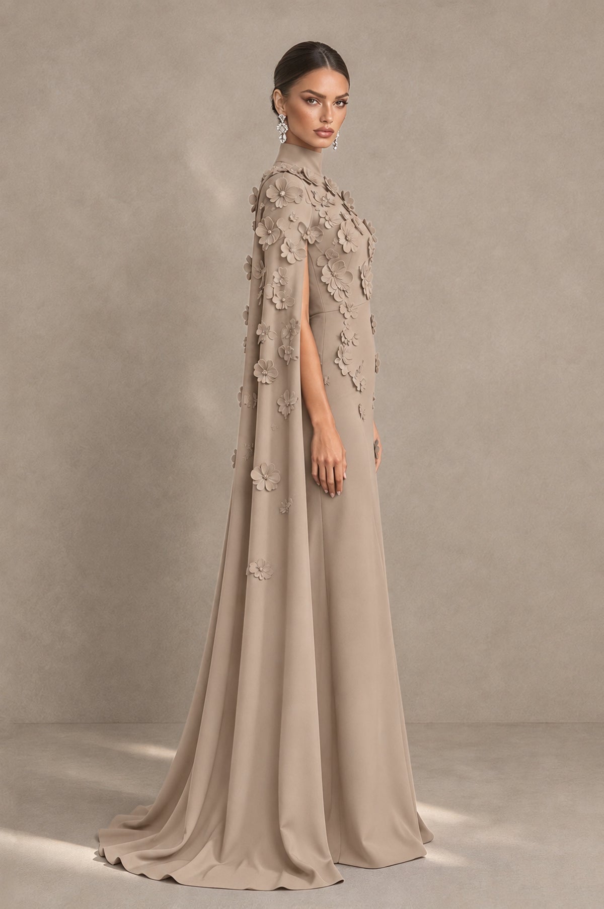 BOLODOO Taupe 3D Floral Applique Cape Formal Dress - Taupe - Taupe_4