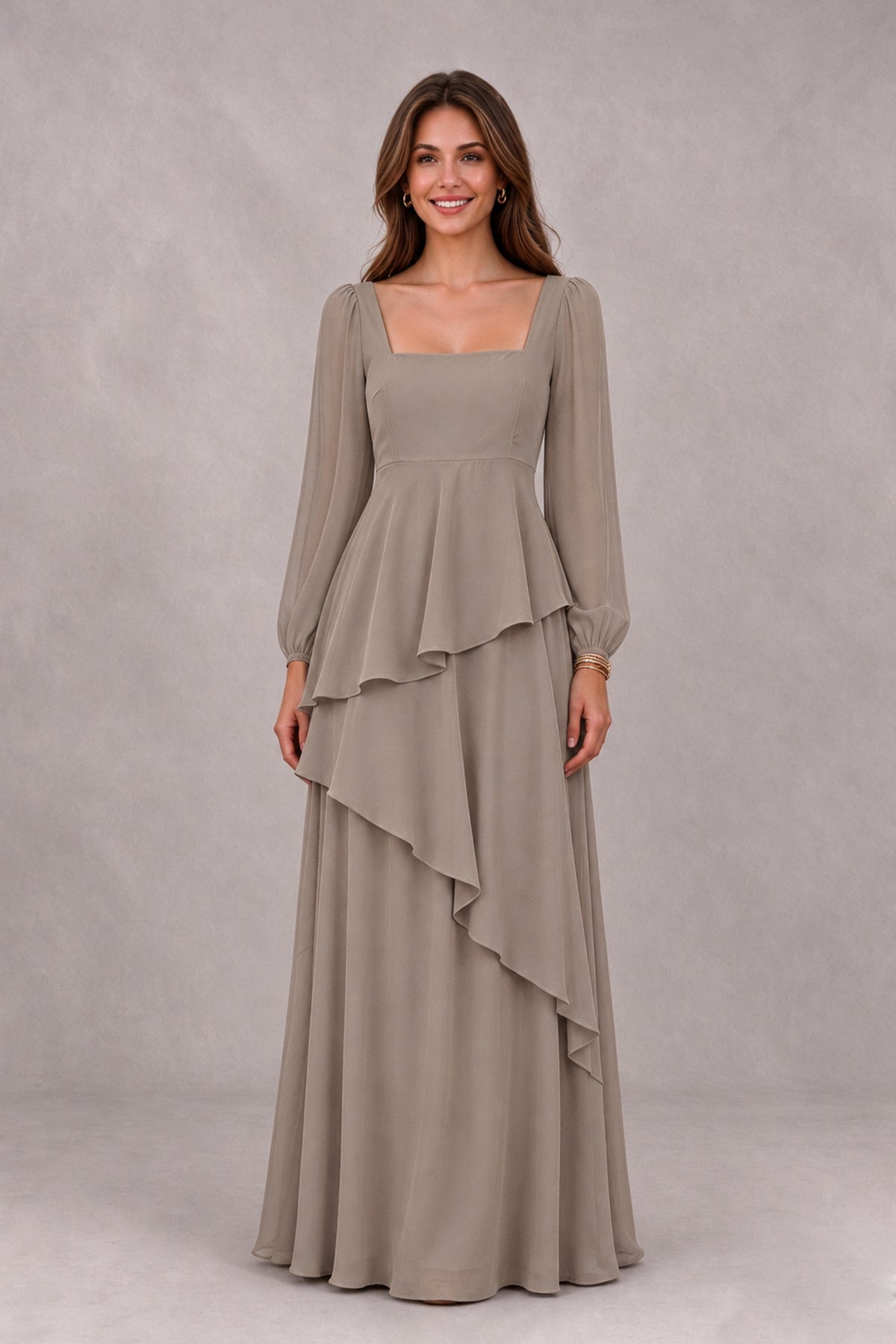 BOLODOO Taupe Long Sleeve Ruffle Bridesmaid Dresses - Taupe - Taupe_4