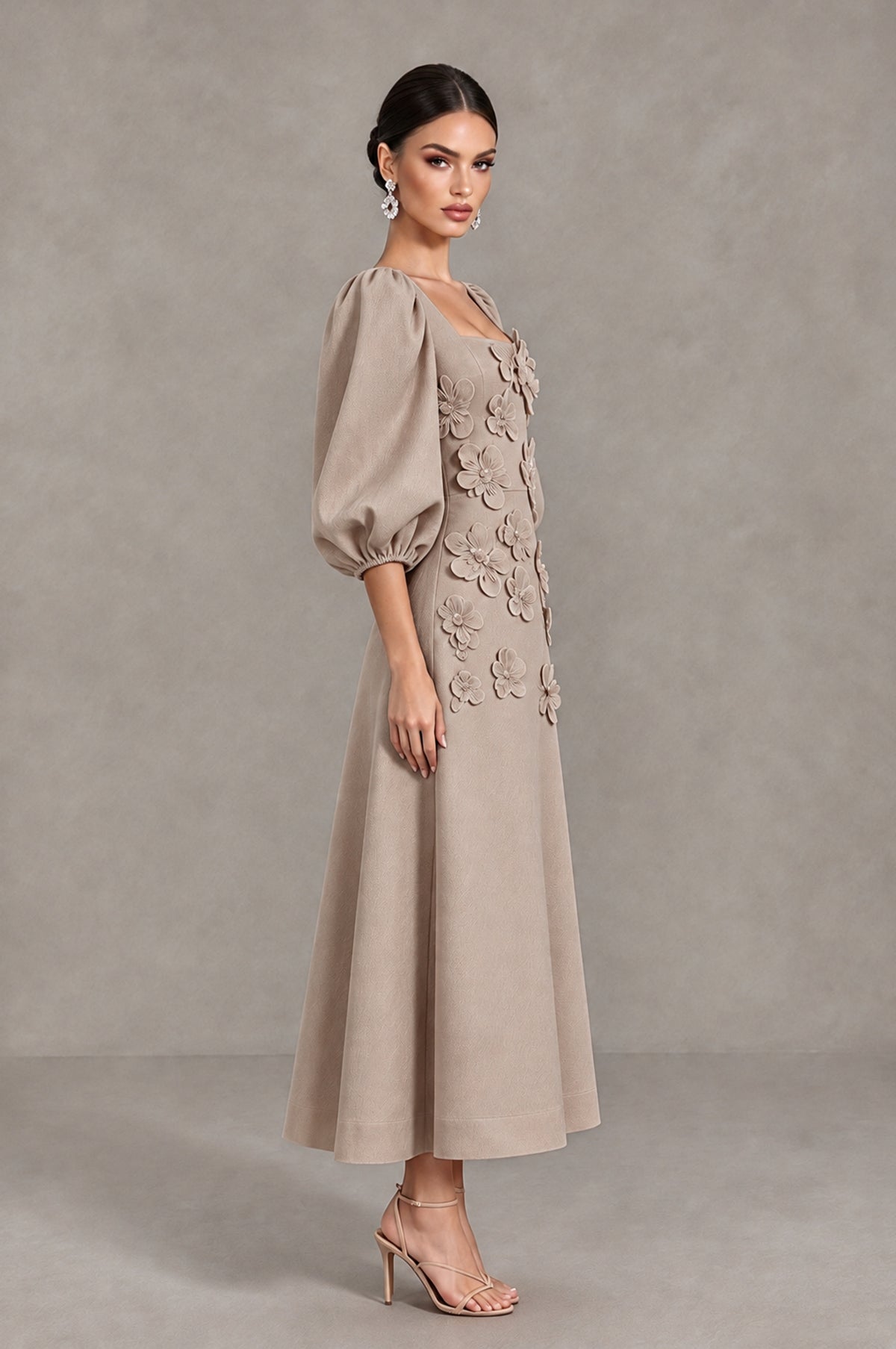 BOLODOO Taupe 3D Floral Puff Sleeve Midi Cocktail Dress - Taupe - Taupe_4