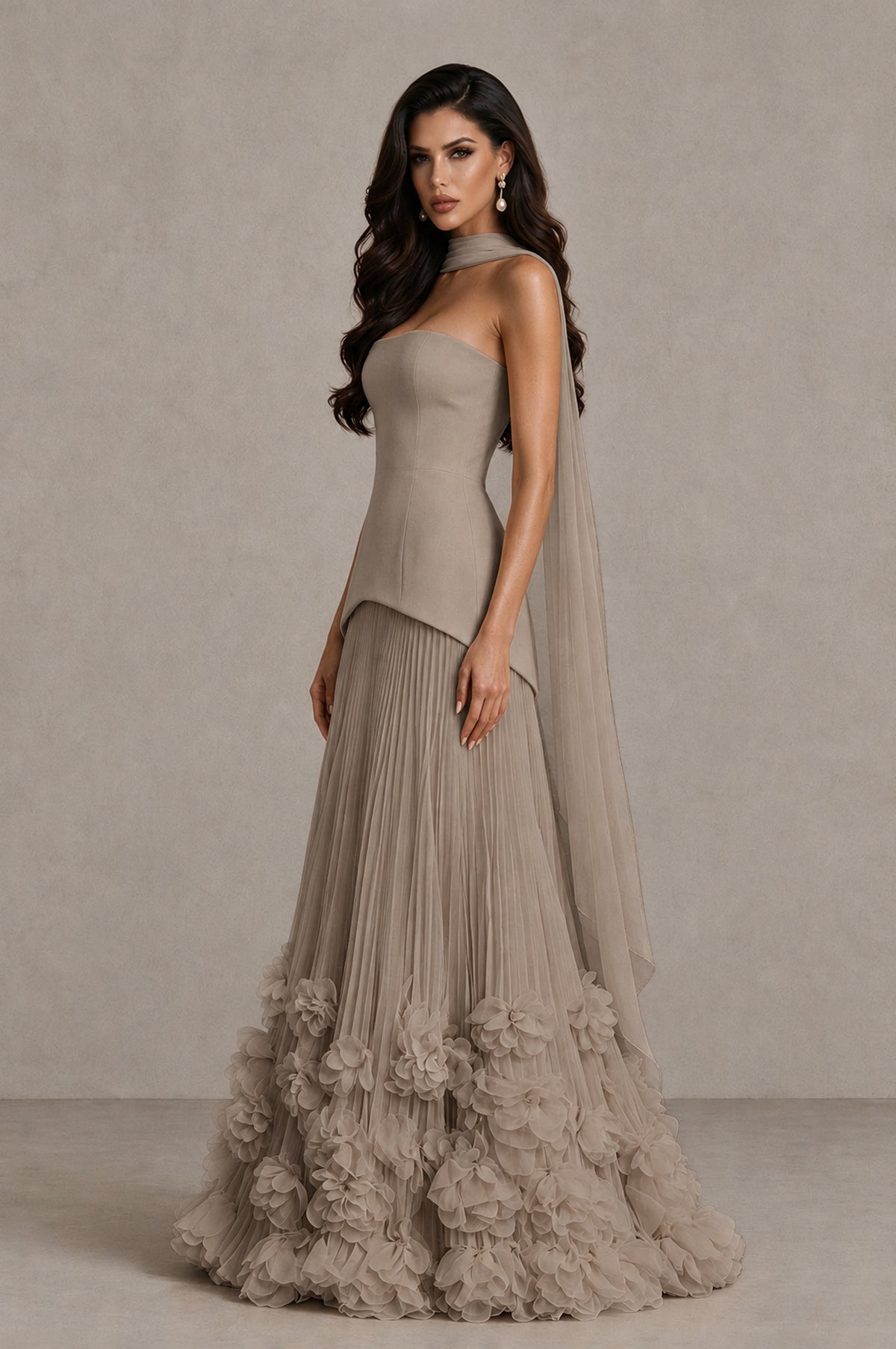 BOLODOO Taupe Strapless Pleated Floral Hem Evening Gown - Taupe - Taupe_4