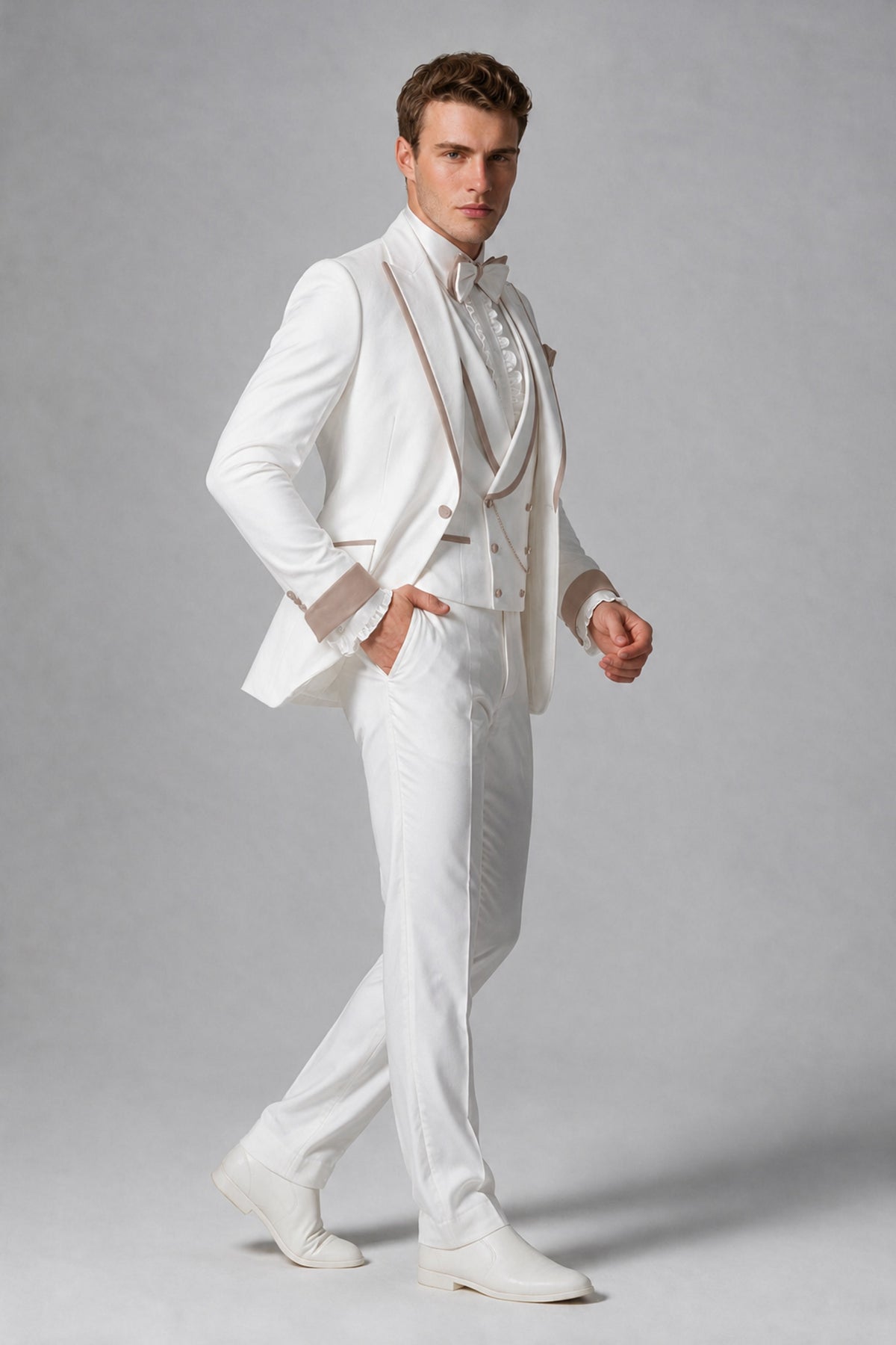 Bolodoo Men's White and Taupe Three-Piece Wedding Tuxedo Suit - Taupe - Taupe_4
