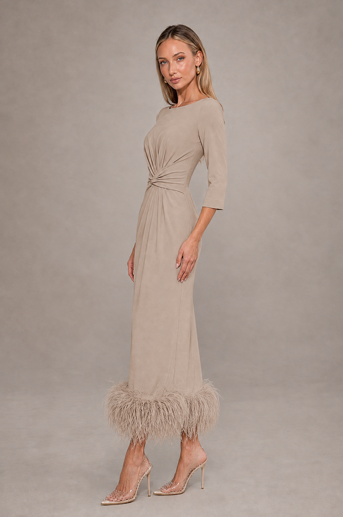 BOLODOO Taupe Feather-Trim Twist-Waist Midi Dress - Taupe - Taupe_4