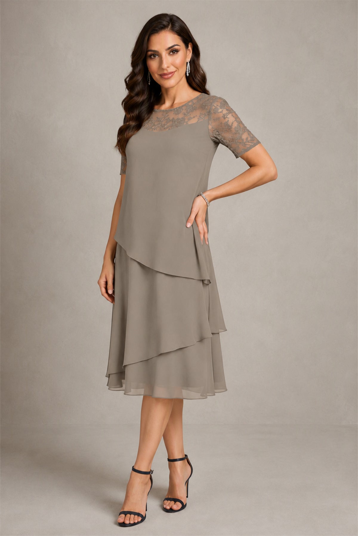 BOLODOO Taupe Illusion Lace Short Sleeve Tiered Chiffon Tea Length Dress | Mother of the Bride Midi Dress - Taupe
