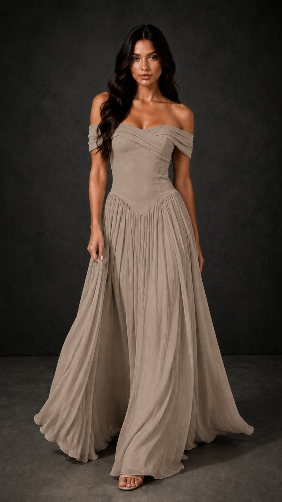 BOLODOO Taupe Off-Shoulder Sweetheart Corset Pleated Chiffon Maxi Dress - Taupe