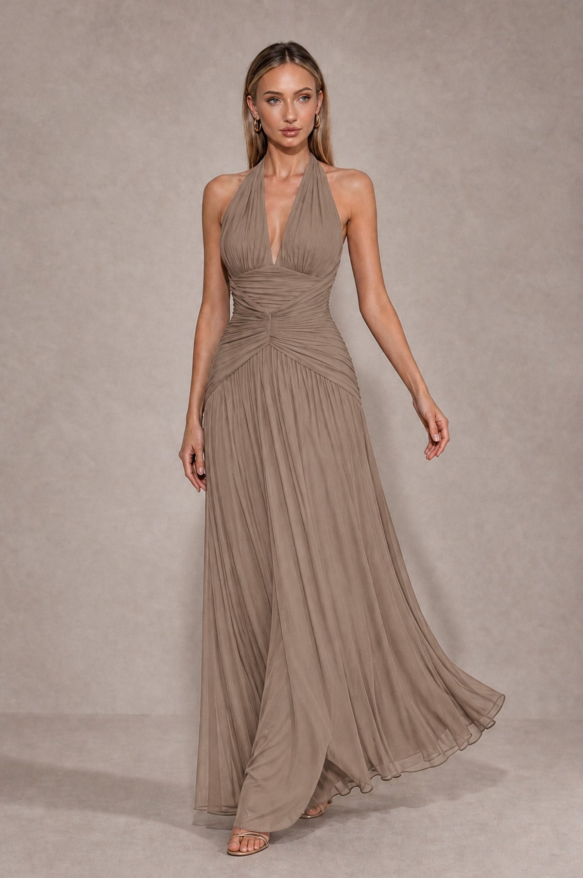 BOLODOO Taupe Chiffon Halter Deep V-Neck Ruched A-Line Backless Maxi Dress with Train-BD0167 - Taupe - Taupe_4