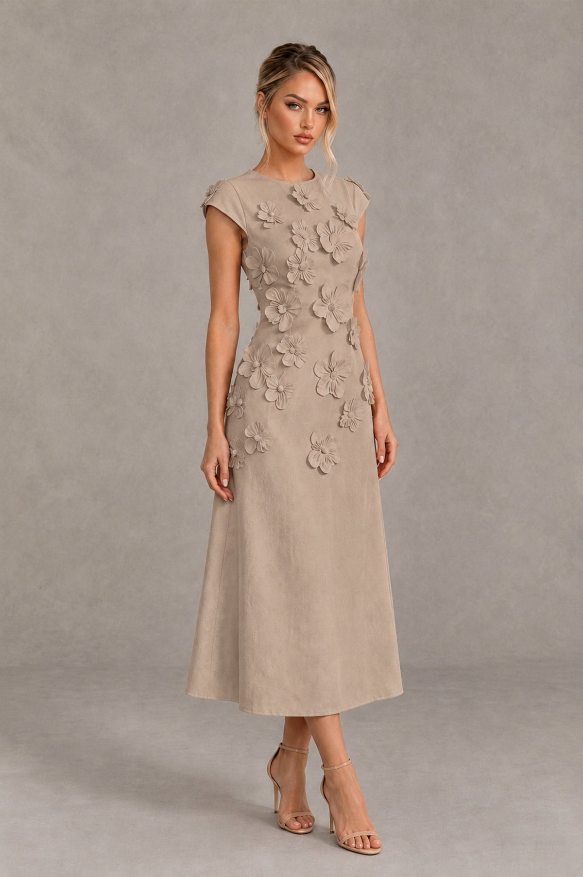 BOLODOO Taupe 3D Floral Cap Sleeve Midi Cocktail Dress - Taupe - Taupe_4