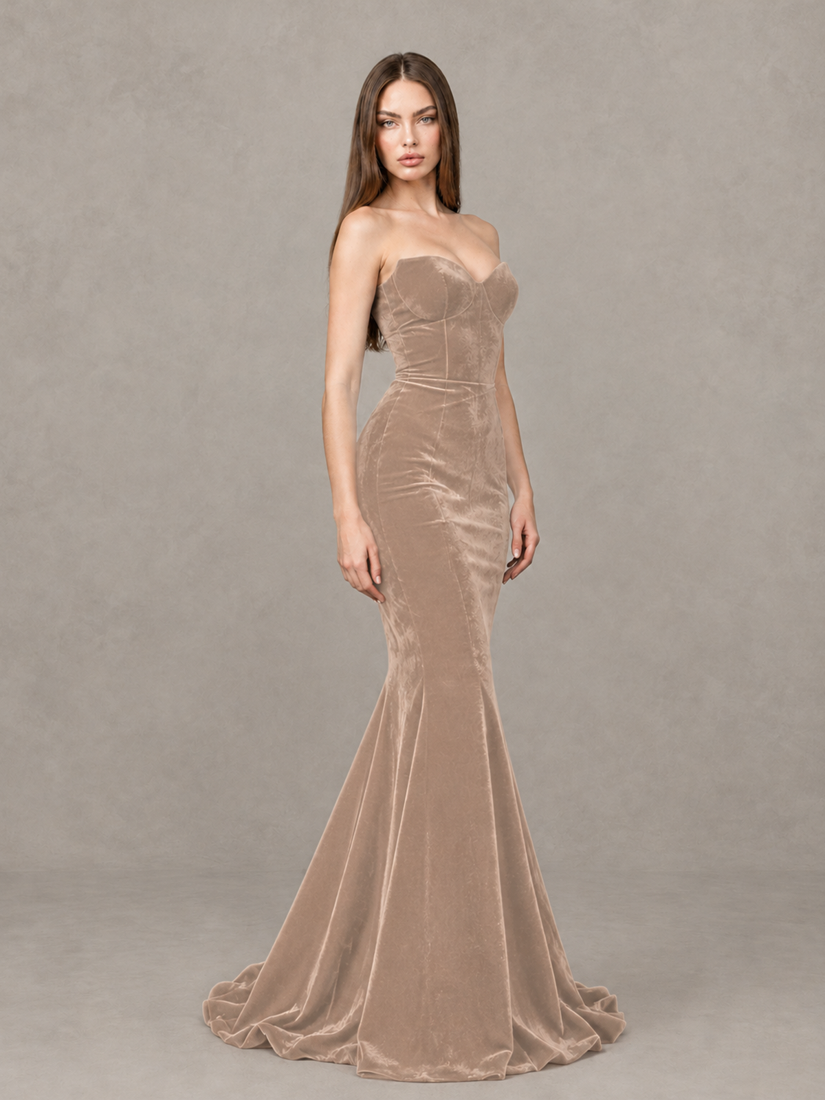 BOLODOO Taupe Strapless Sweetheart Velvet-Look Mermaid Evening Dress - Taupe - Taupe_4