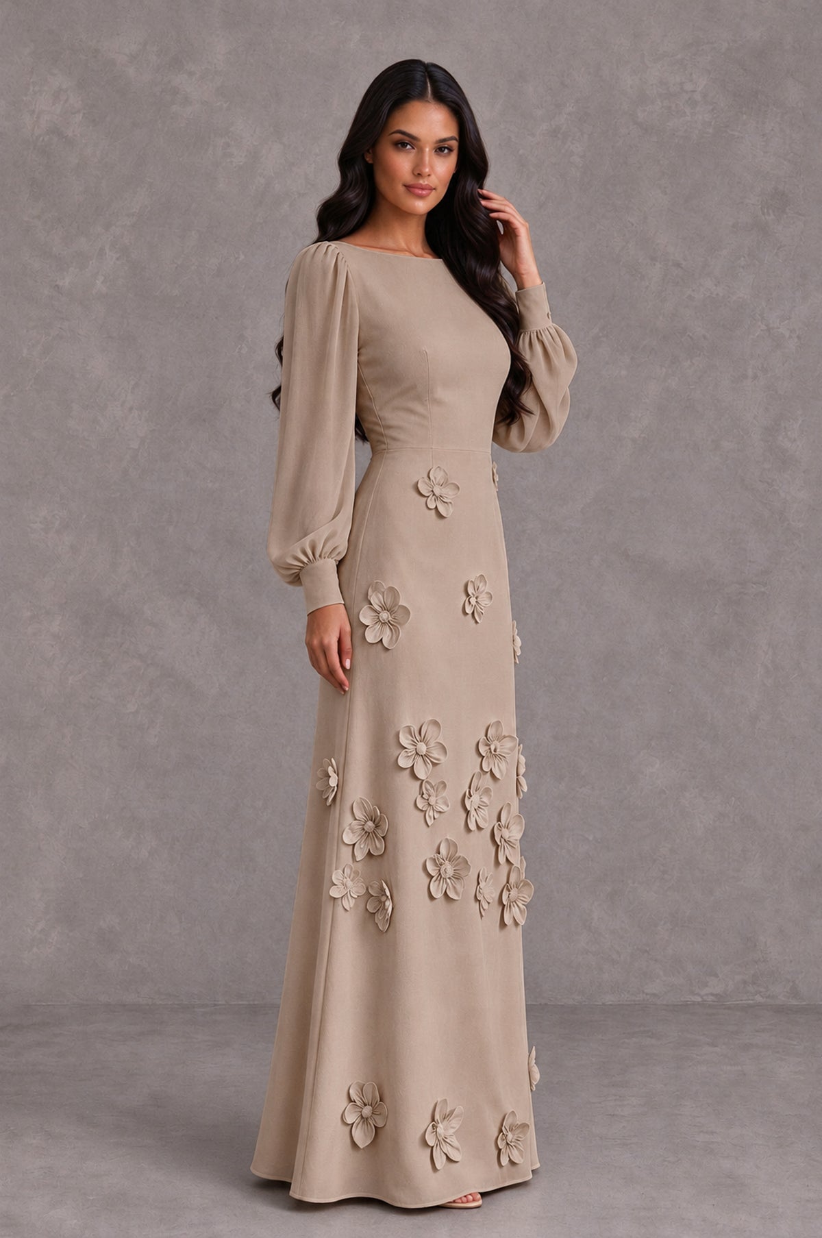 BOLODOO Taupe Long Sleeve Floral Applique A-Line Evening Dress - Taupe - Taupe_4