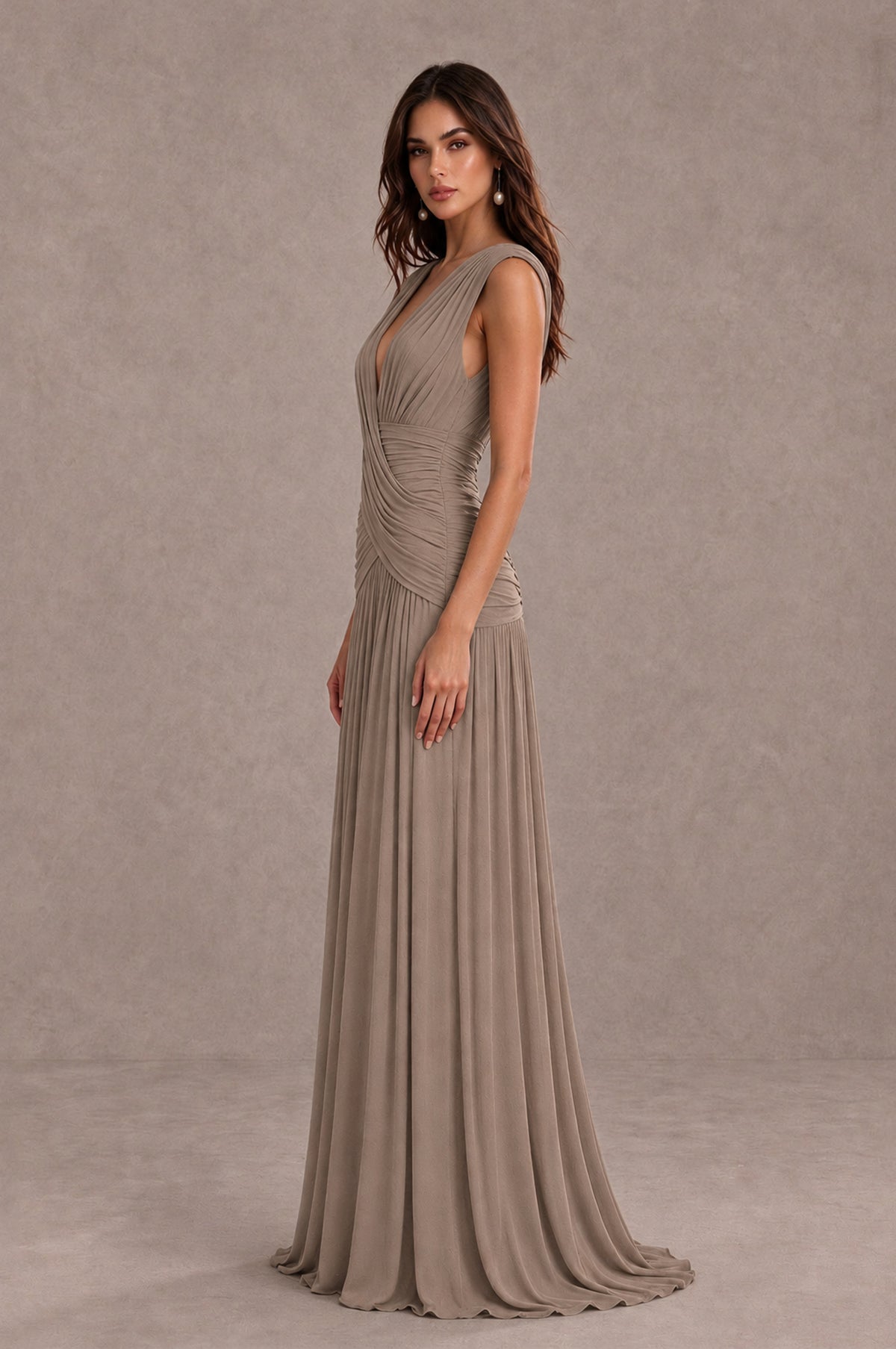 BOLODOO Taupe V-Neck Ruched Wedding Guest Dress - Taupe - Taupe_4