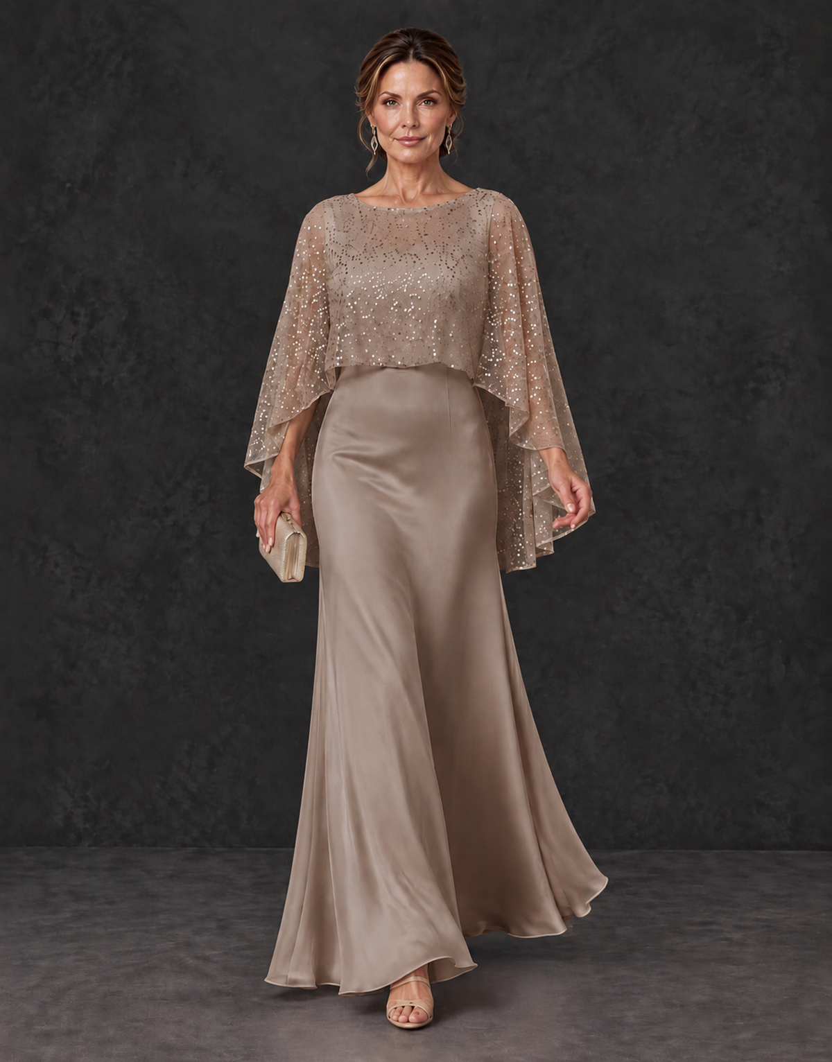 BOLODOO Taupe Sparkle Cape Sleeve Mother of the Bride Dress - Taupe - Taupe_4
