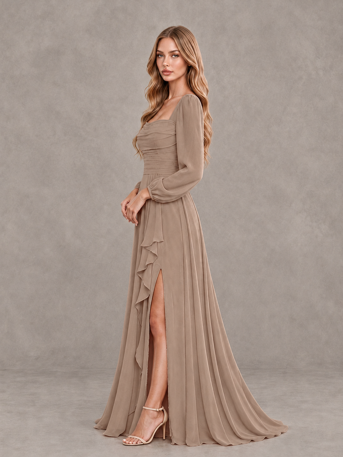 BOLODOO Taupe Square Neck Long Sleeve Bridesmaid Dress with Ruffle Slit - Taupe - Taupe_4
