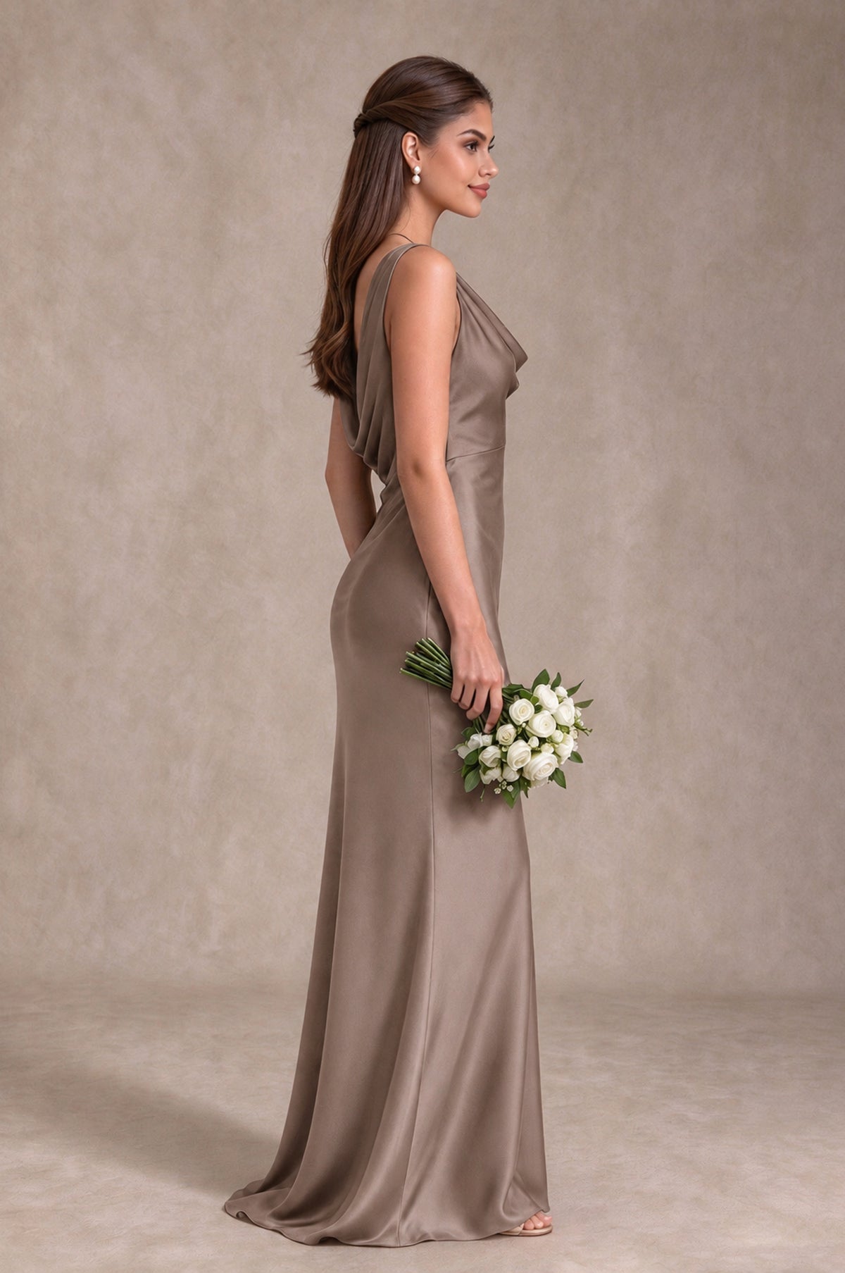 BOLODOO Taupe Cowl Neck Open Back Satin Bridesmaid Dress - Taupe - Taupe_4