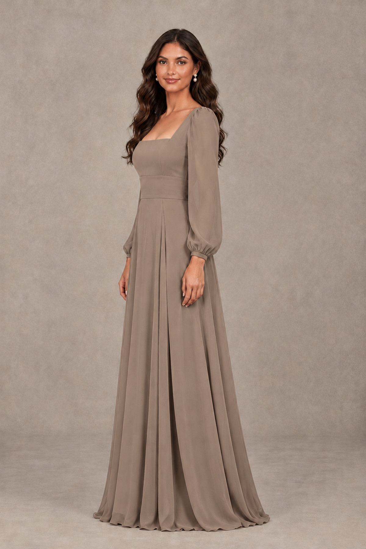 BOLODOO Taupe Square Neck Long Sleeve A-Line Bridesmaid Dress - Taupe - Taupe_4