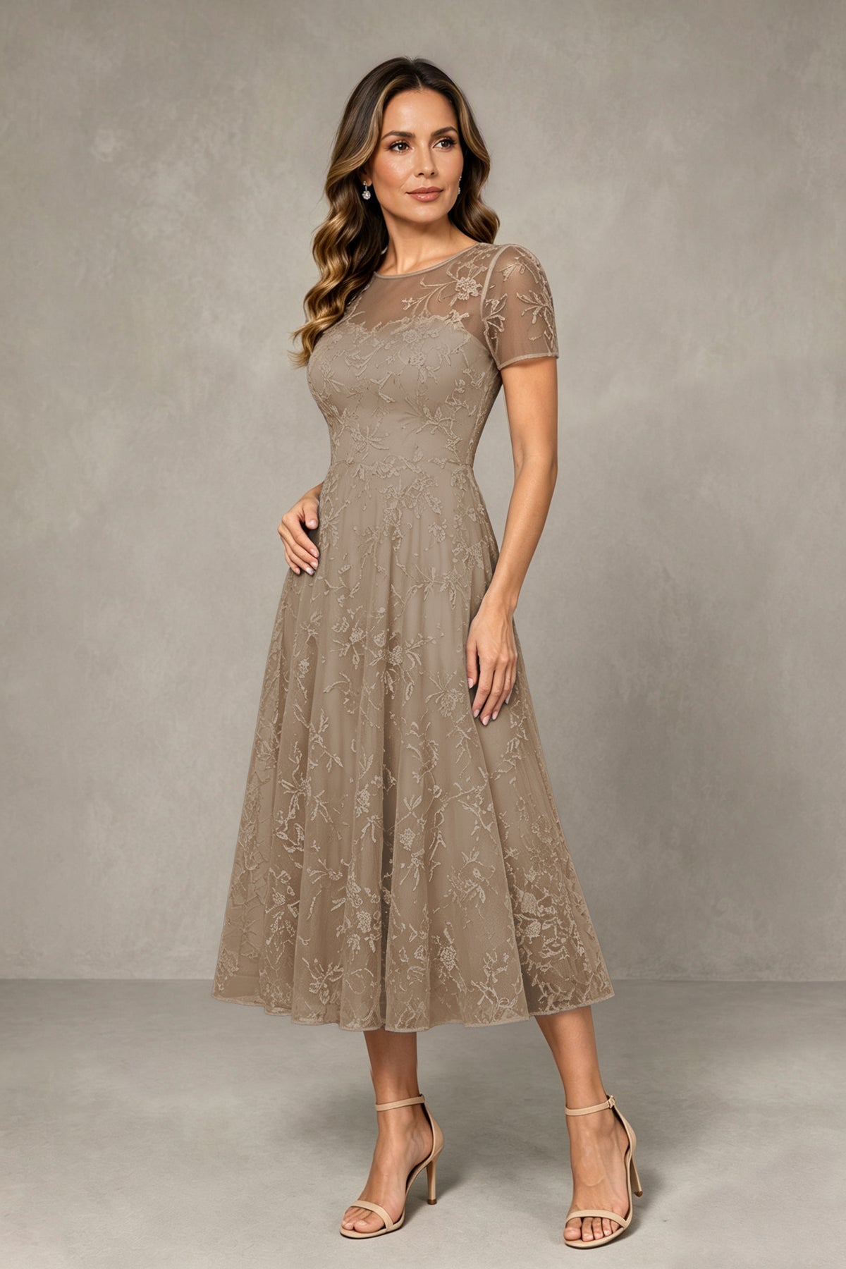 BOLODOO Taupe Textured Floral A-Line Dress with Short Sleeves - Taupe