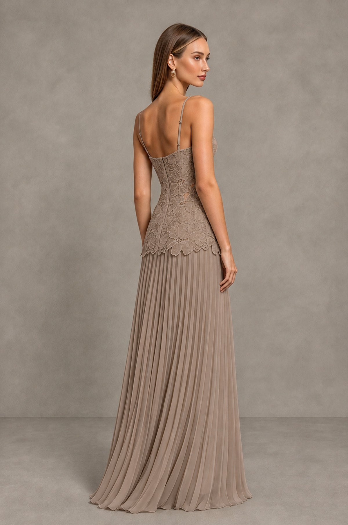 BOLODOO Taupe Lace Bodice Pleated Wedding Guest Dress - Taupe - Taupe_4