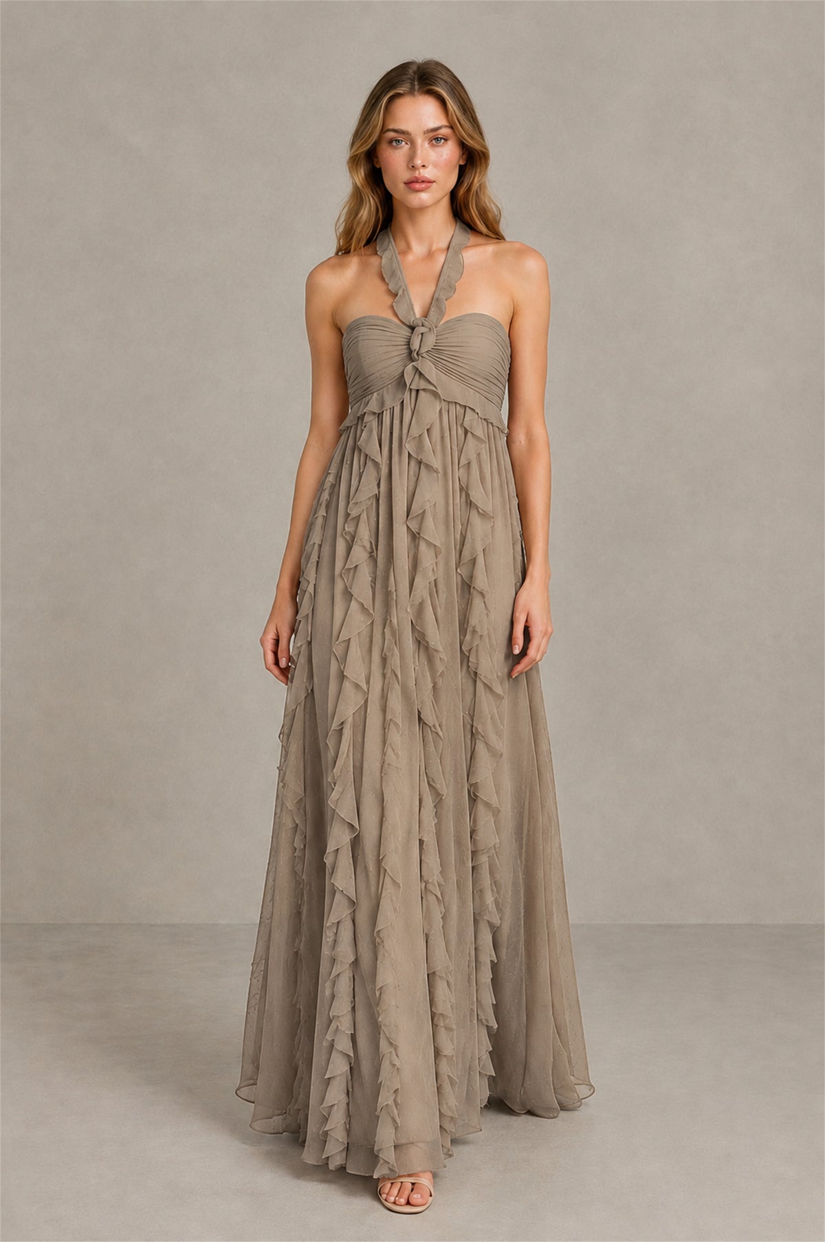 BOLODOO Taupe Halter Ruffle A-Line Floor-Length Evening Dress - Taupe - Taupe_4