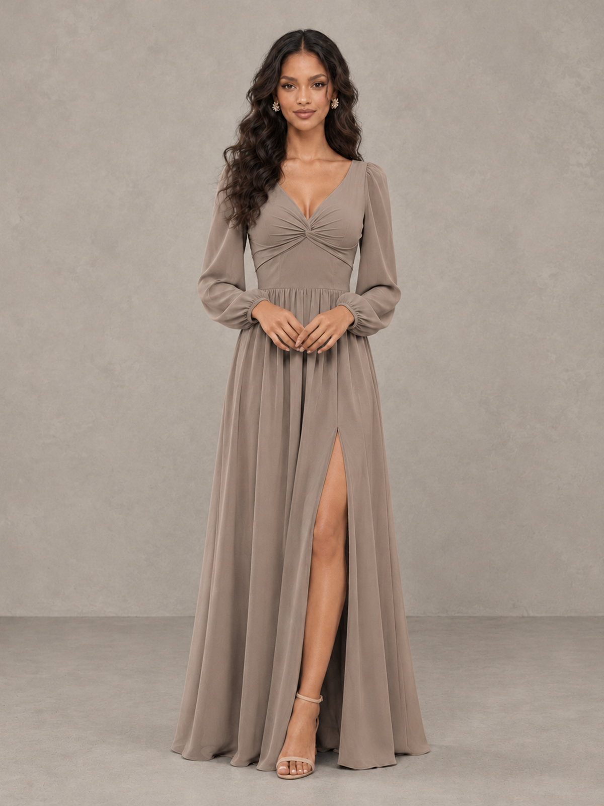 BOLODOO Taupe V-Neck Long Sleeve Bridesmaid Dress with Tie Back and Slit - Taupe - Taupe_5