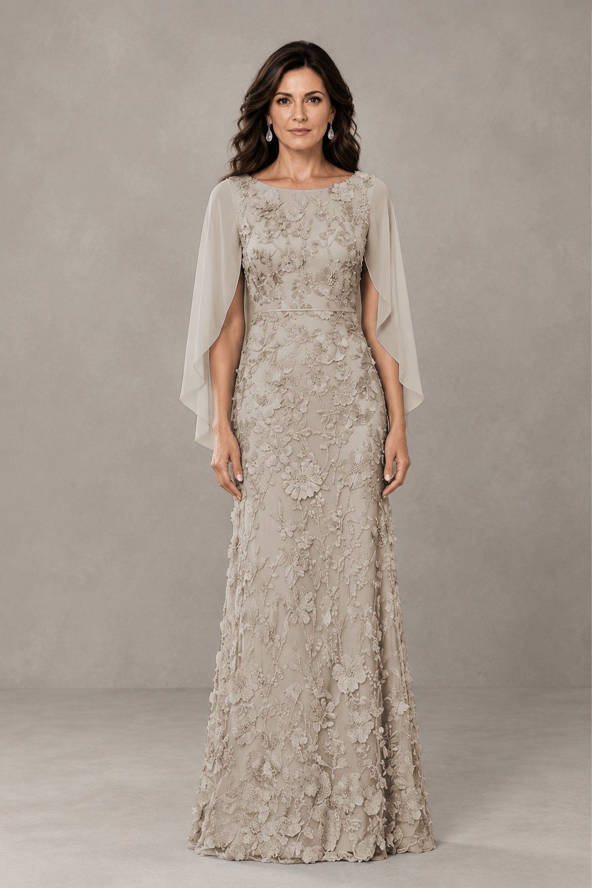BOLODOO Taupe Lace Mother of the Bride Dress with Cape Sleeves - Taupe