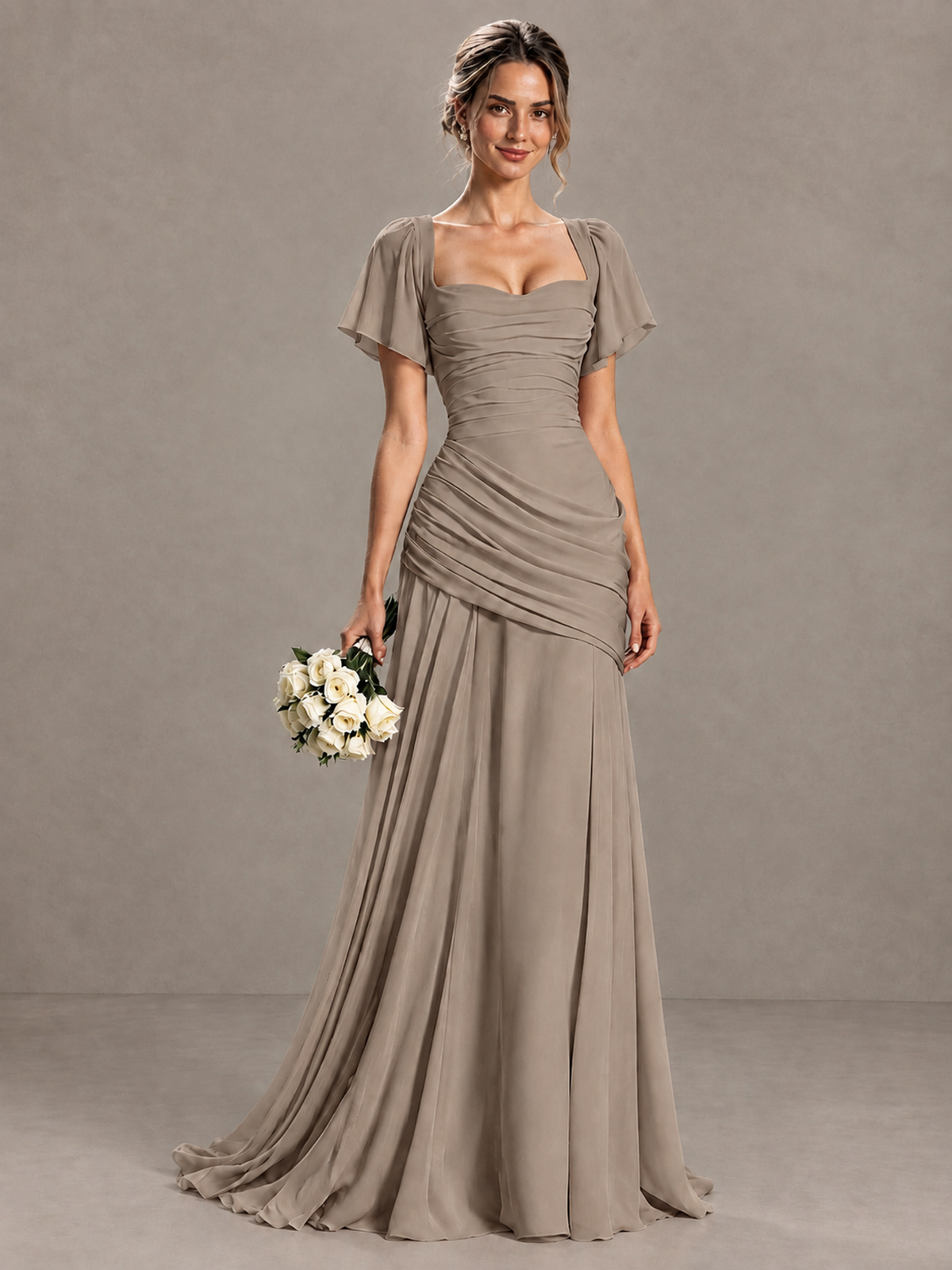 BOLODOO Taupe Flutter Sleeve Lace-Up Back Maxi Dress - Taupe - Taupe (1)