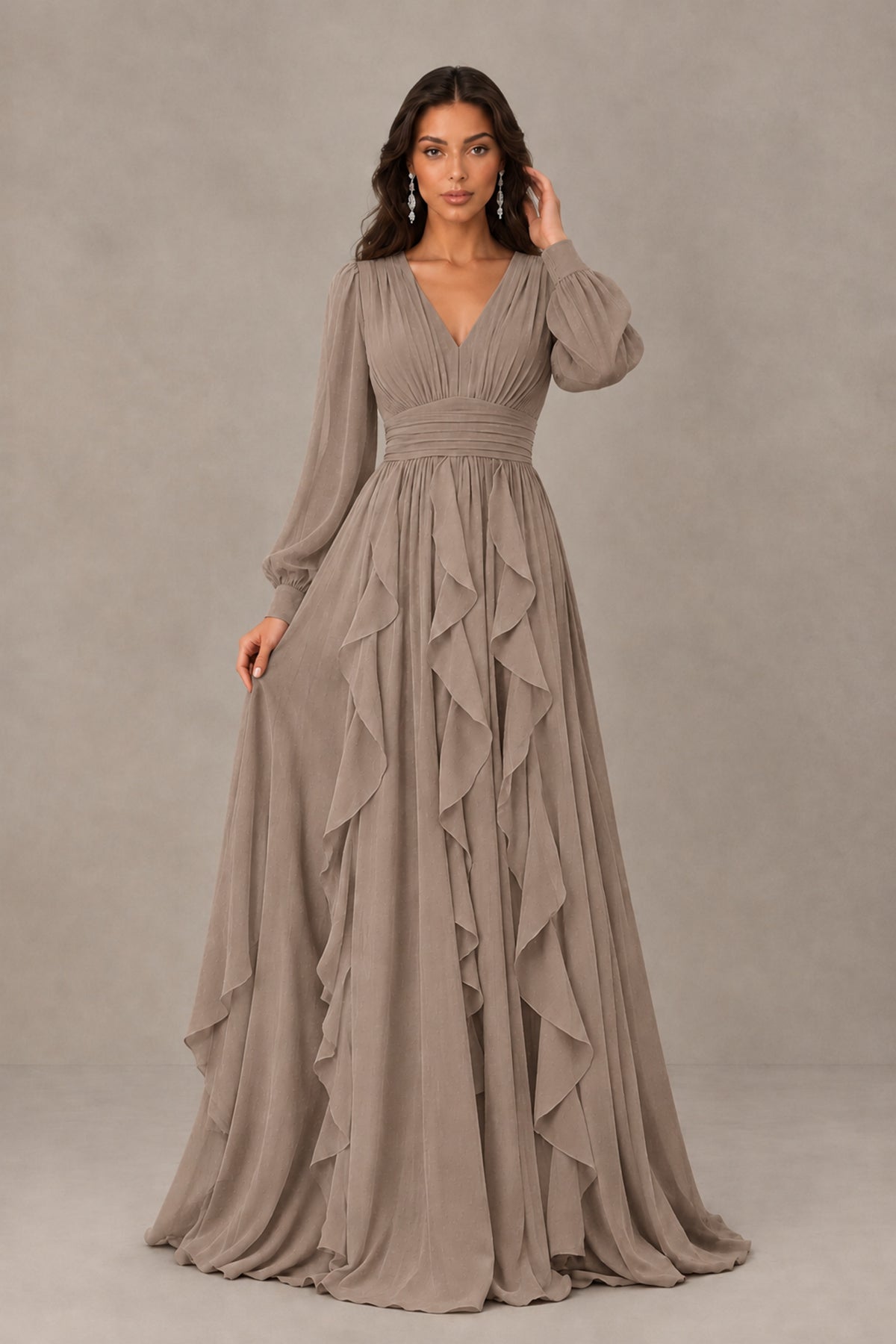 BOLODOO Taupe Long Sleeve V-Neck Ruffle Maxi Dress - Taupe - Taupe (1)