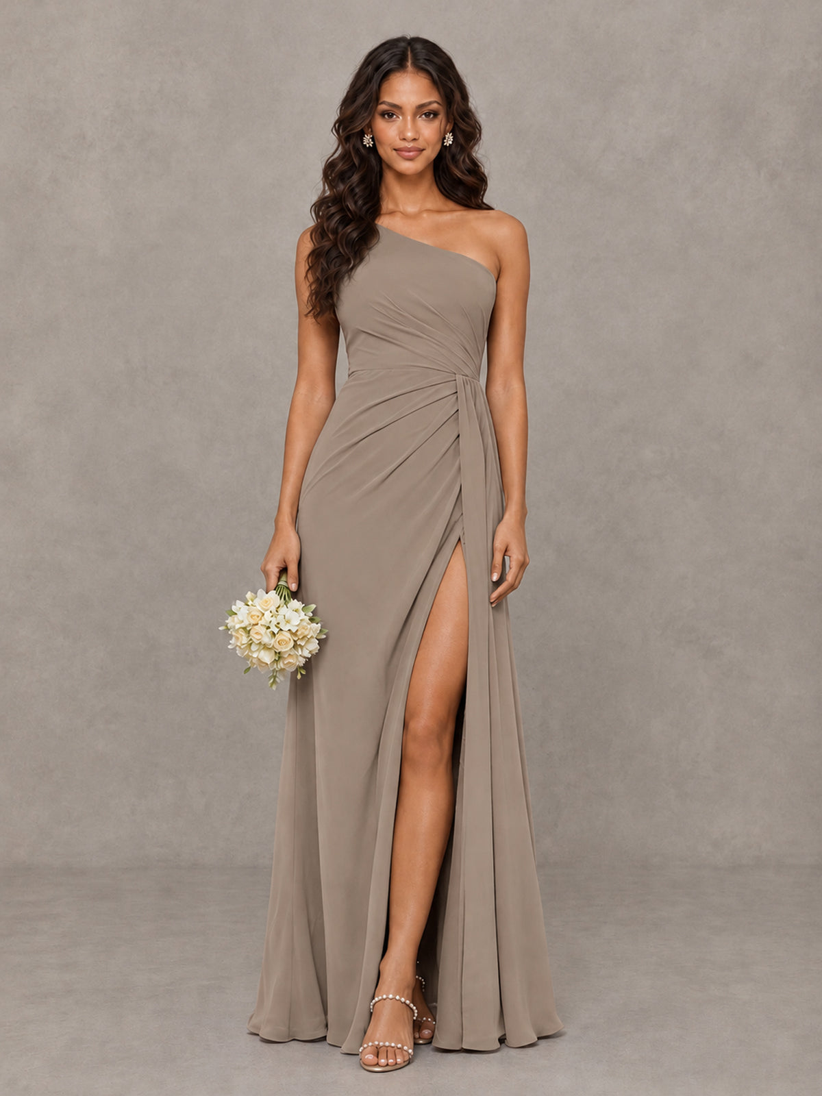 BOLODOO Taupe One-Shoulder Chiffon Bridesmaid Dress with Ruched Bodice & High Slit - Taupe - Taupe (1)