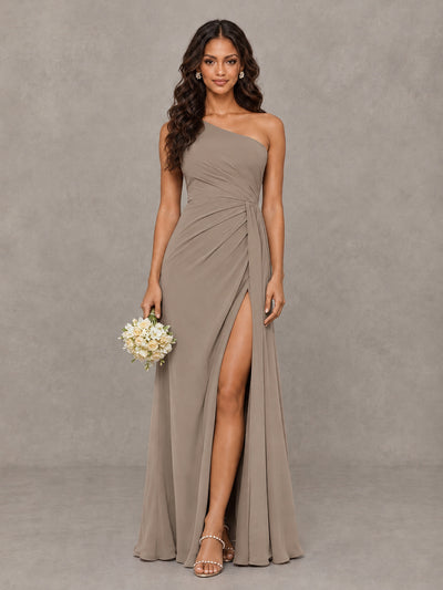 BOLODOO Taupe One-Shoulder Chiffon Bridesmaid Dress with Ruched Bodice & High Slit - Taupe - Taupe (1)