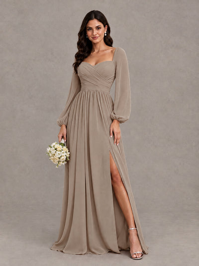 BOLODOO Taupe Long Sleeve Chiffon Bridesmaid Dress with Slit - Taupe - Taupe (1)