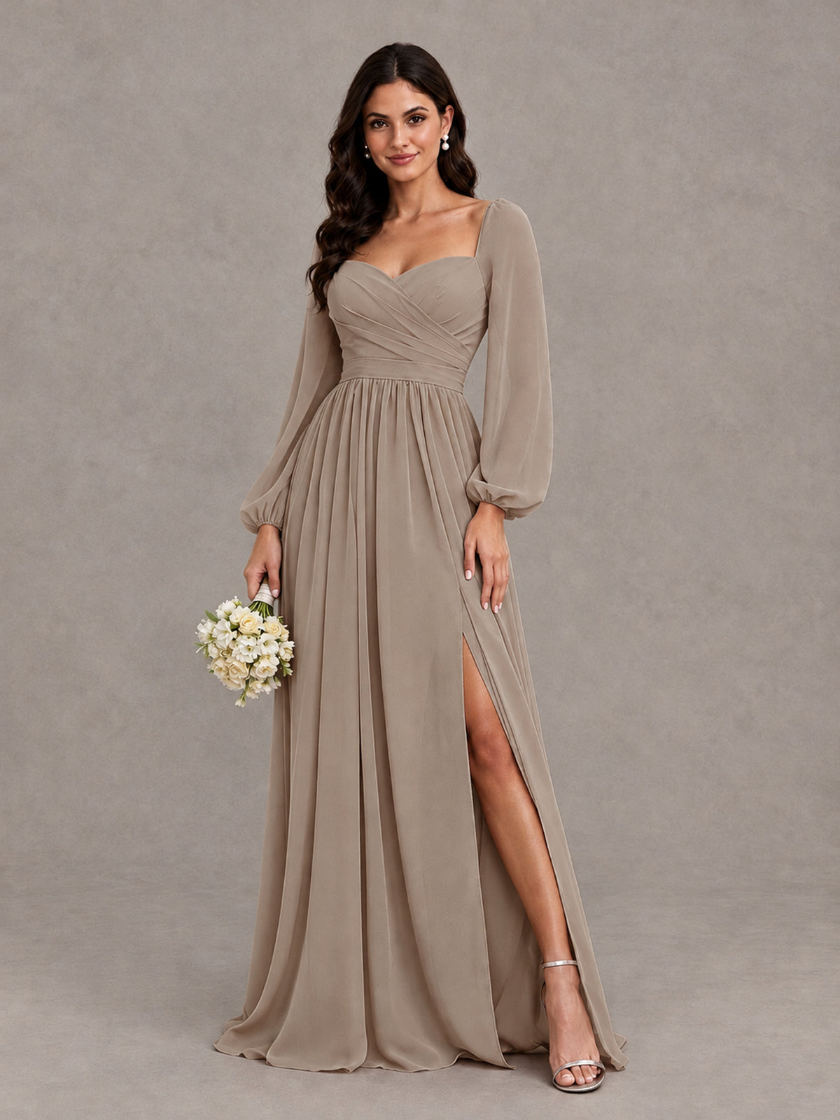 BOLODOO Taupe Long Sleeve Chiffon Bridesmaid Dress with Slit - Taupe - Taupe (1)