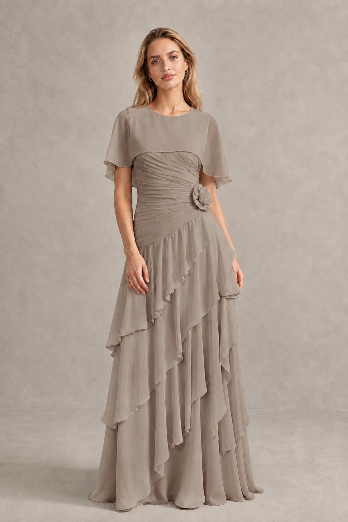 BOLODOO Taupe Chiffon Flutter Sleeve Tiered Maxi Dress with 3D Rosette - Taupe