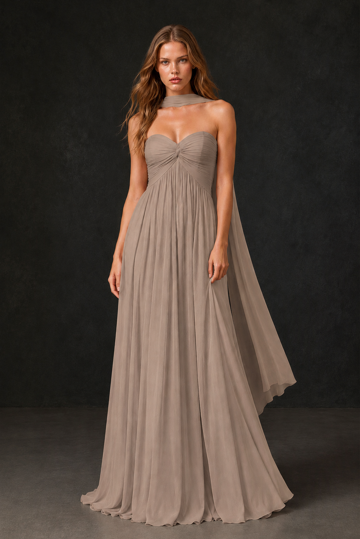 BOLODOO Taupe Sweetheart Strapless Twist Knot Detached Halter Scarf Lace-Up Back Empire Waist Chiffon Maxi Dress - Taupe