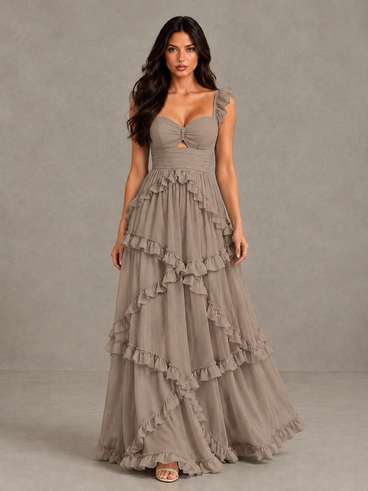 BOLODOO Taupe Ruffle A-Line Prom Dress with Open Back - Taupe - Taupe (1)