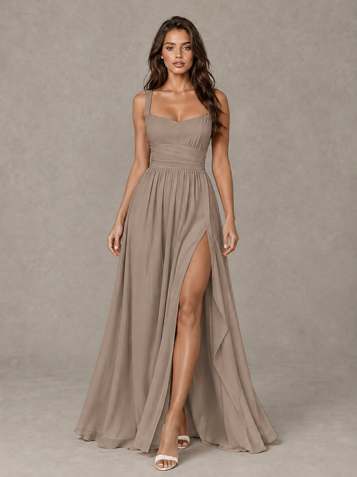 BOLODOO Taupe A-Line Bridesmaid Dress with High Slit & Lace-Up Back - Taupe - Taupe (1)