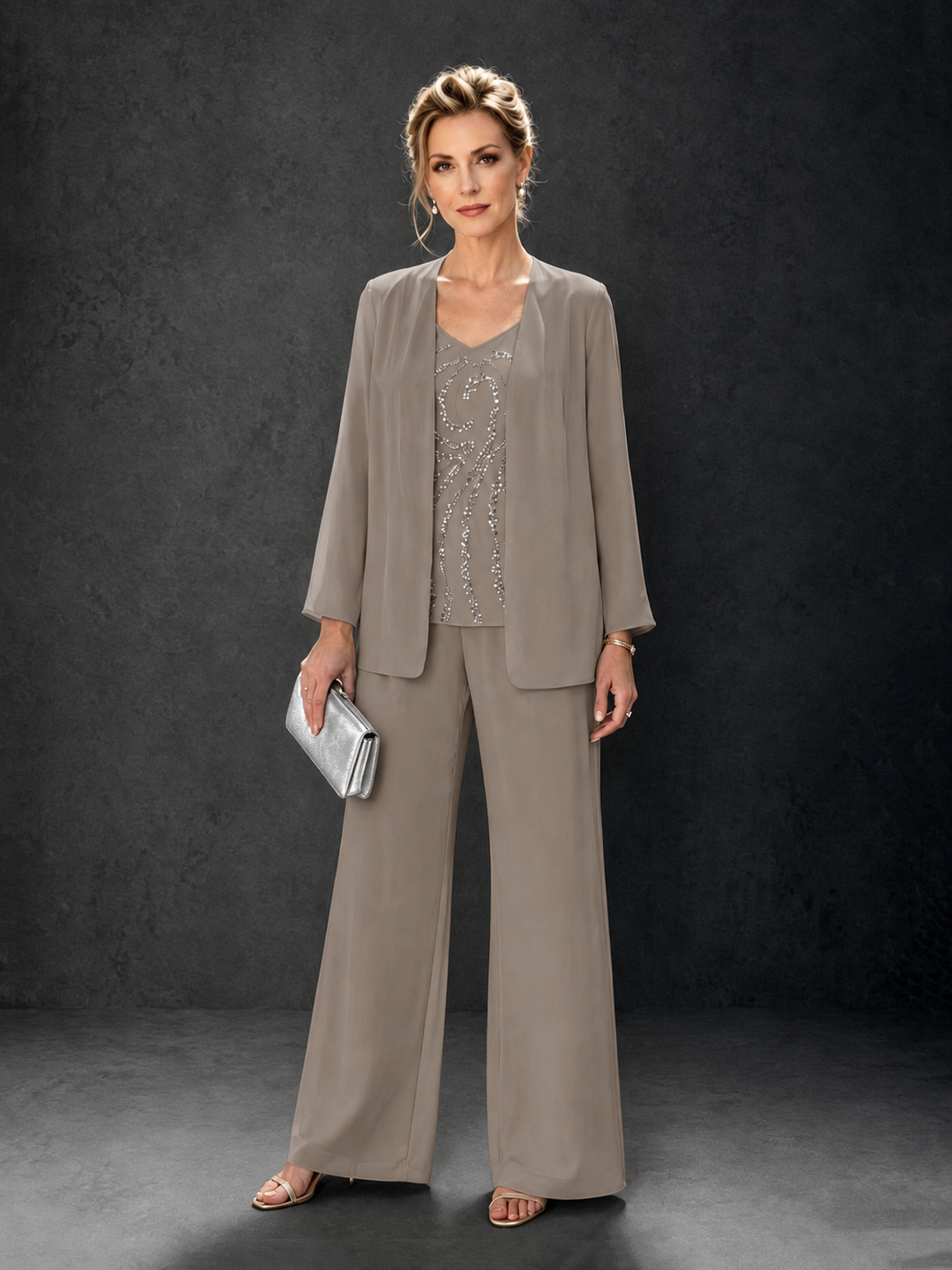 BOLODOO Taupe 3-Piece Mother of the Bride Pant Suit with Beaded Top & Chiffon Jacket - Taupe
