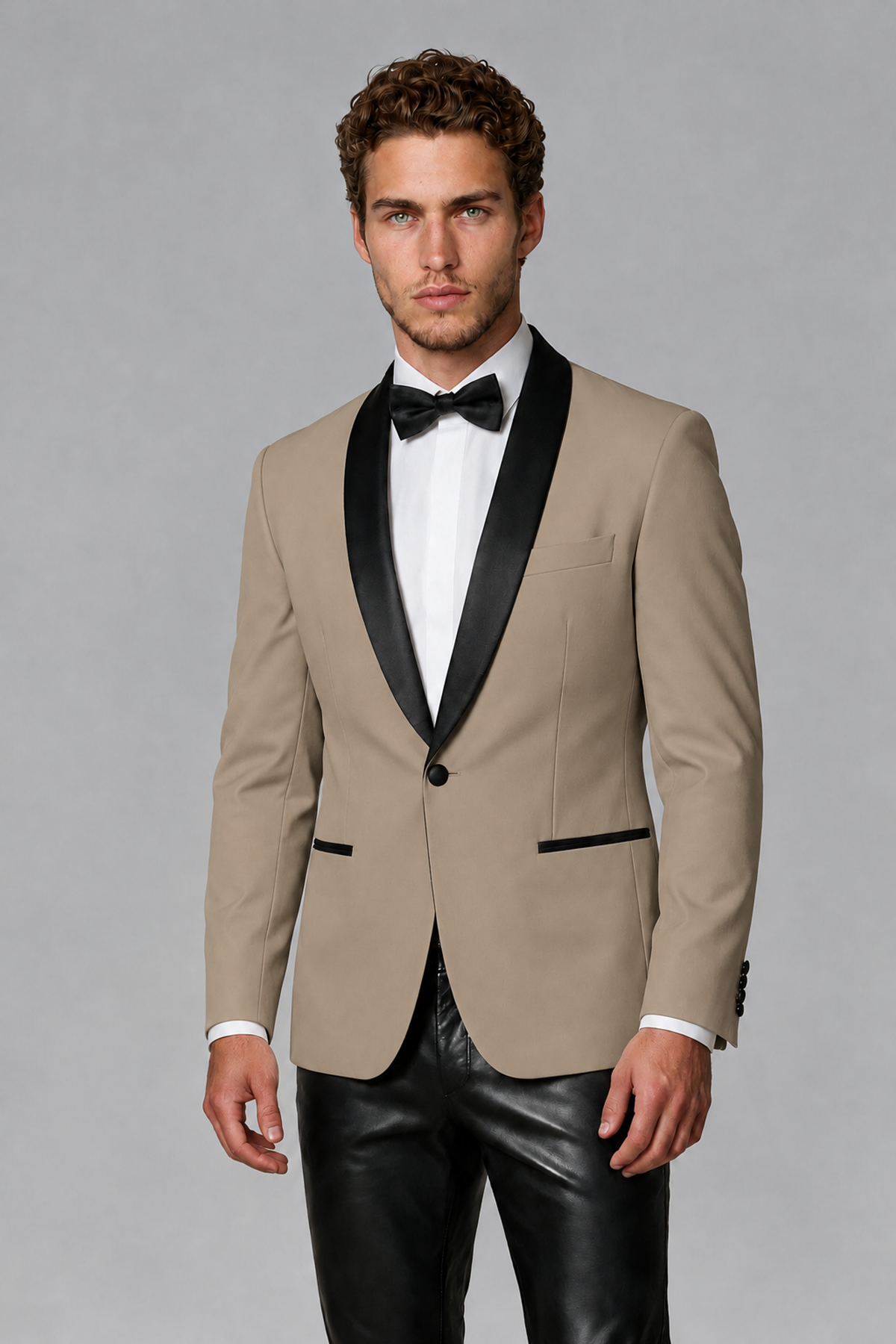 BOLODOO Men's Taupe Tuxedo Blazer | Black Shawl Lapel Single-Breasted Formal Jacket - Taupe - Taupe (1)
