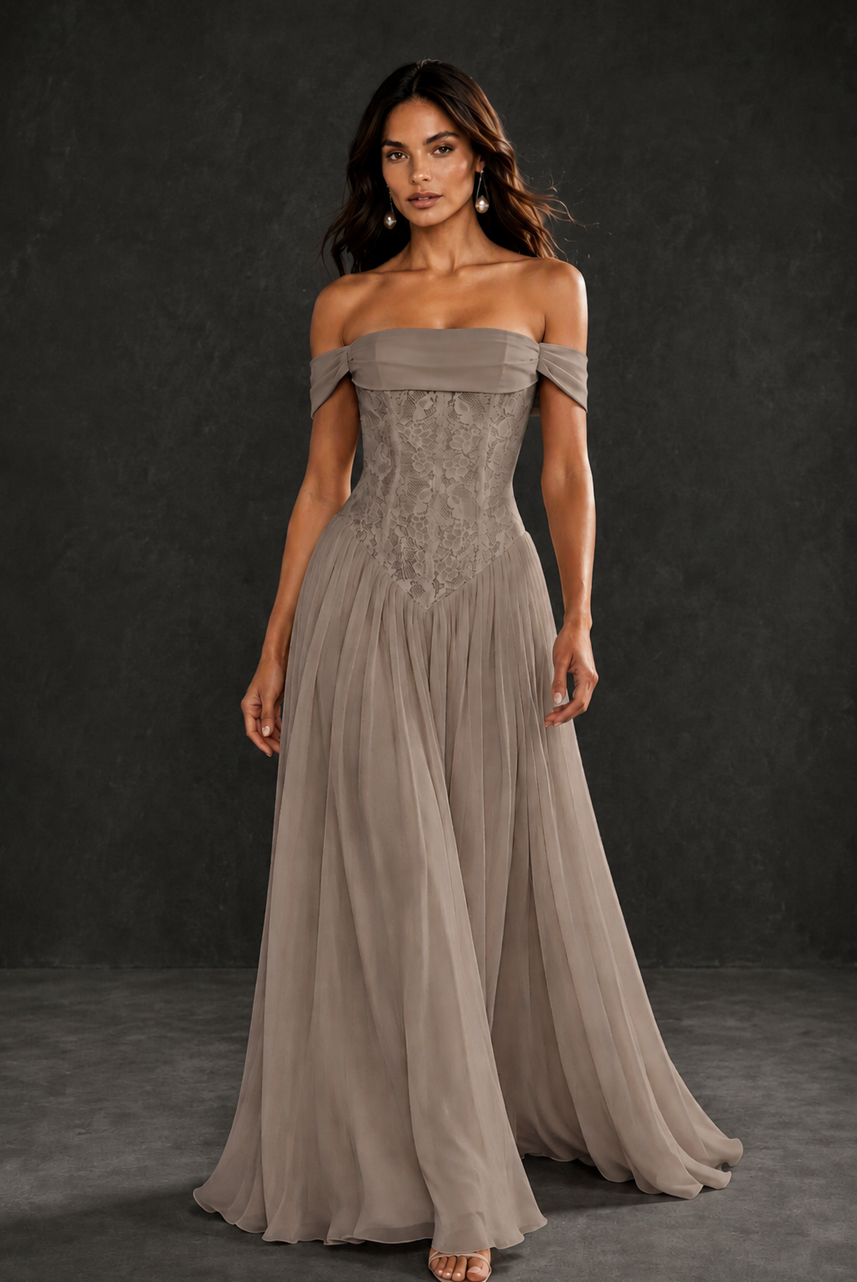 BOLODOO Taupe Off-Shoulder Lace Corset Tulle Maxi Dress - Taupe