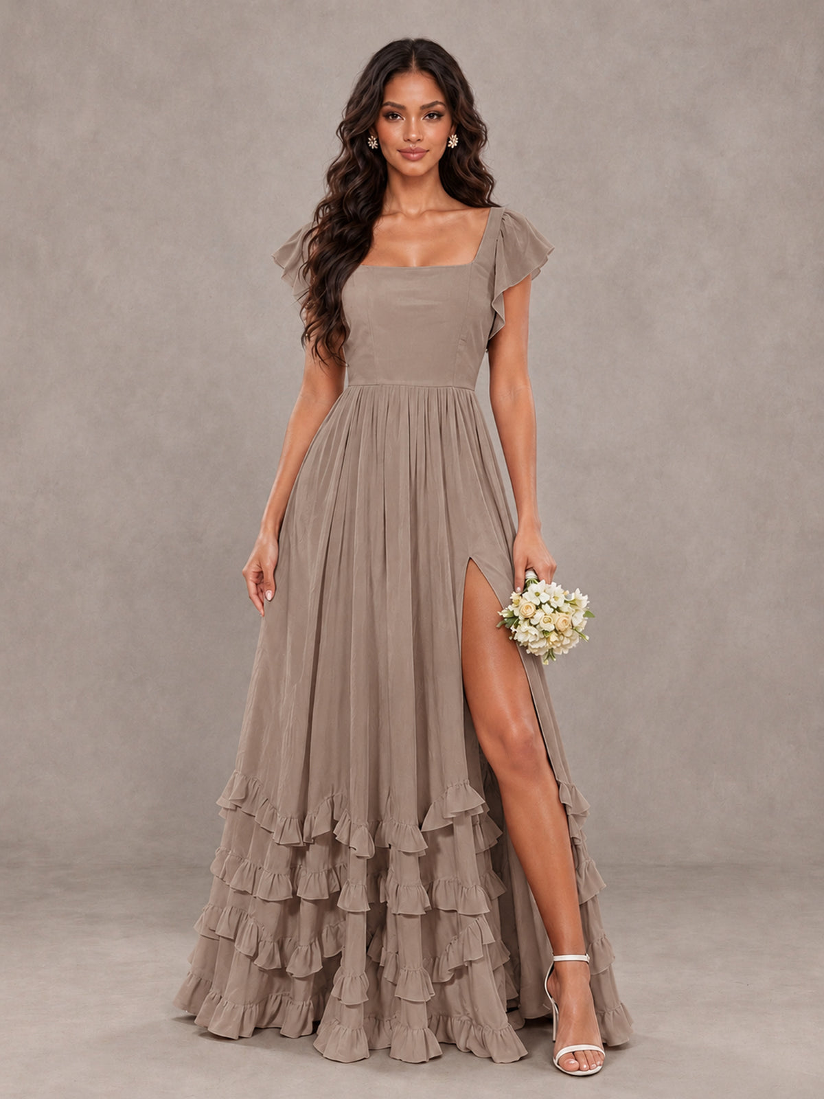 BOLODOO Taupe Flutter Sleeve Ruffle Bridesmaid Dress with Slit - Taupe - Taupe (1)