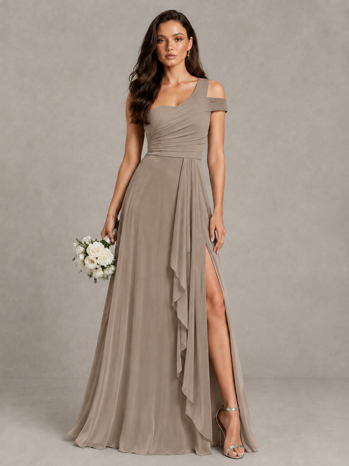 BOLODOO Taupe One-Shoulder Bridesmaid Dress with Side Slit - Taupe - Taupe (1)