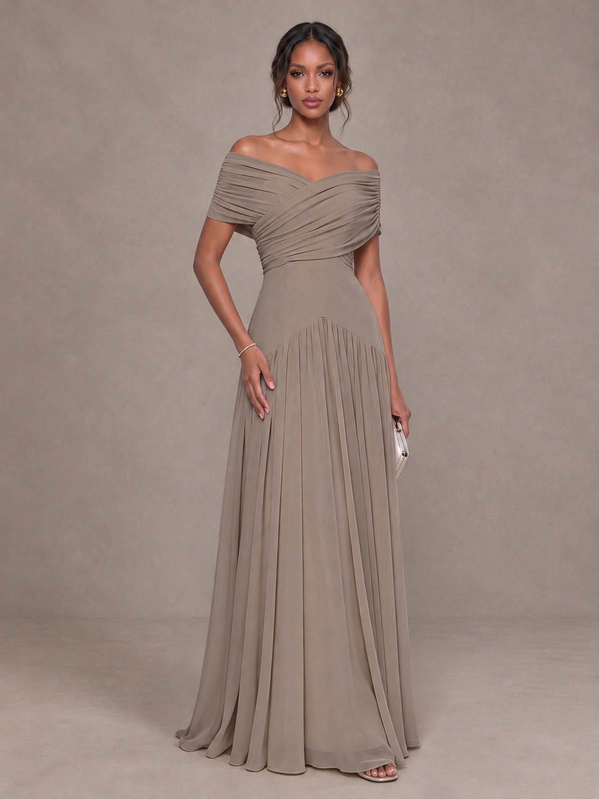 BOLODOO Taupe Off-Shoulder Ruched A-Line Bridesmaid Dress - Taupe - Taupe (1)