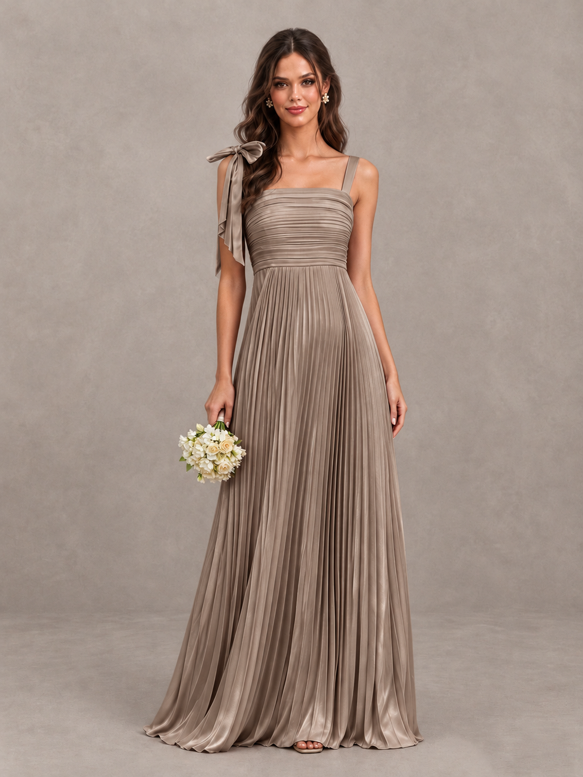 BOLODOO Taupe Pleated Bow-Strap Bridesmaid Maxi Dress - Taupe - Taupe (1)