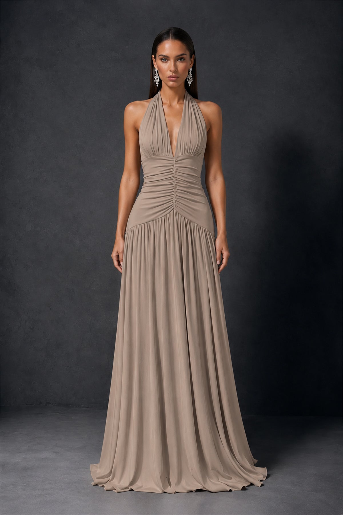 BOLODOO Taupe Halter Deep V-Neck Ruched Chiffon Open Back Maxi Dress with Draped Neck Tie - Taupe