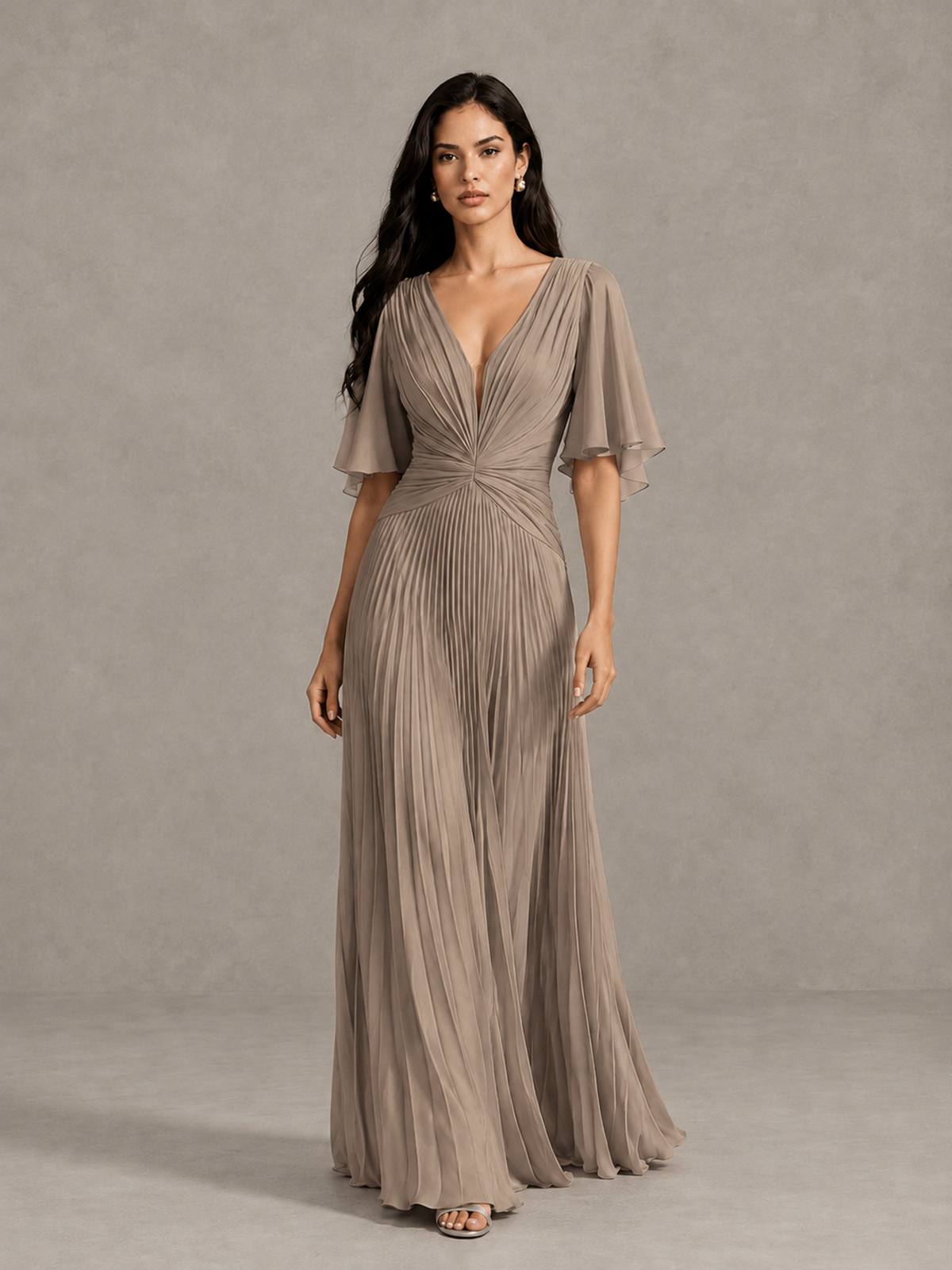 BOLODOO Taupe Pleated V-Neck Flutter Sleeve Bridesmaid Dress - Taupe - Taupe (1)