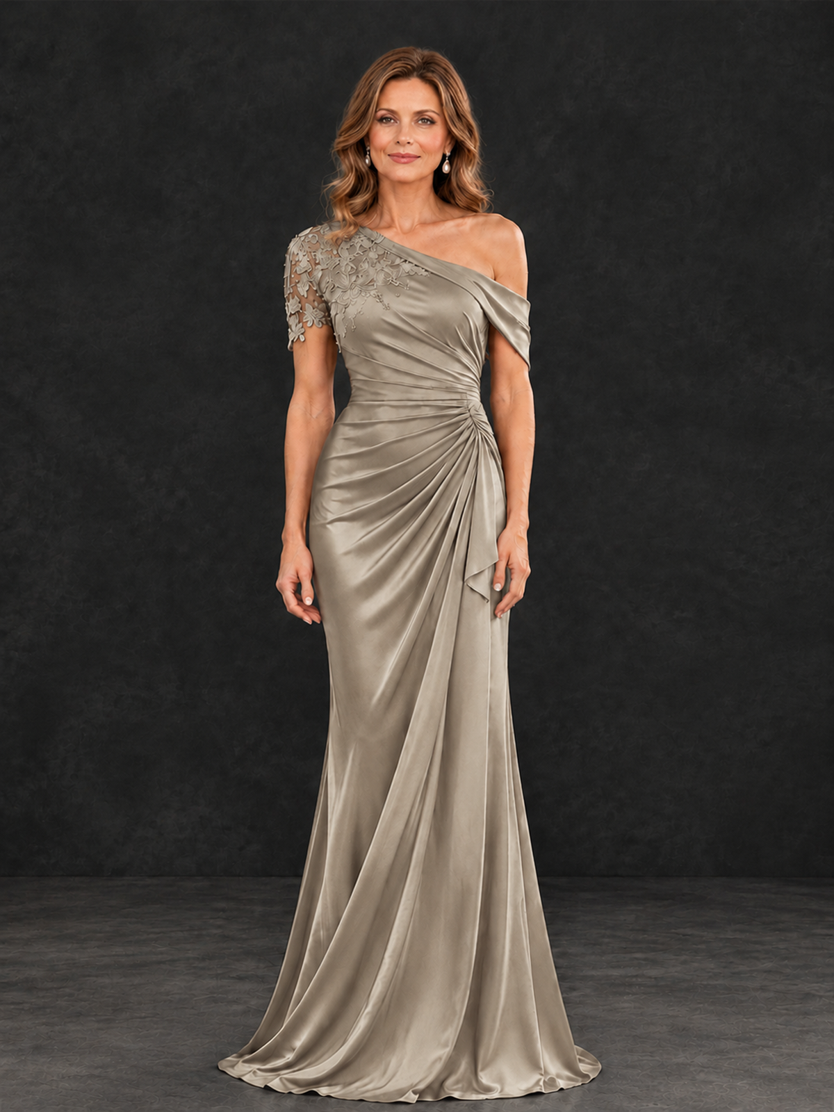BOLODOO Taupe Asymmetric Satin Mother of the Bride Dress with Lace Sleeve - Taupe - Taupe (1)