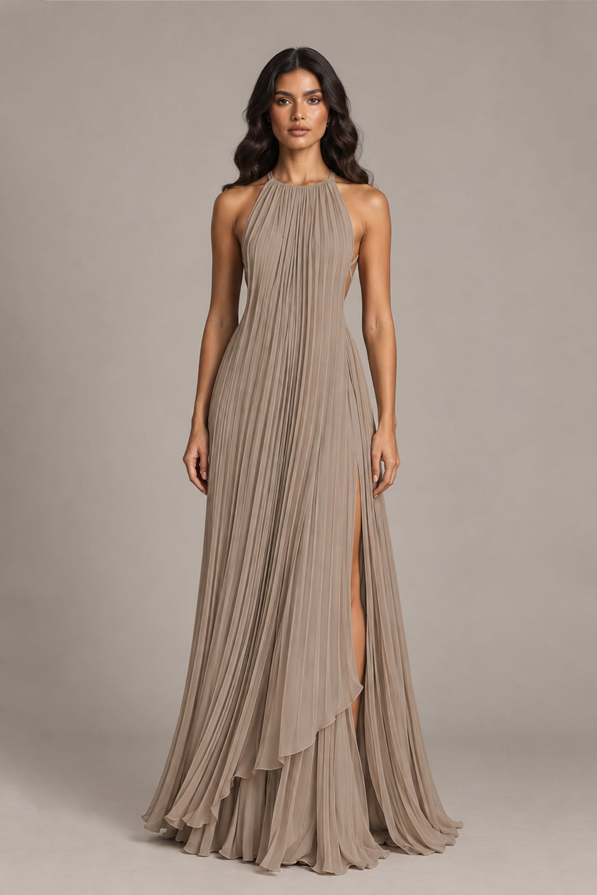BOLODOO Taupe Halter Neck Pleated Chiffon Maxi Dress with Side Slit - Taupe