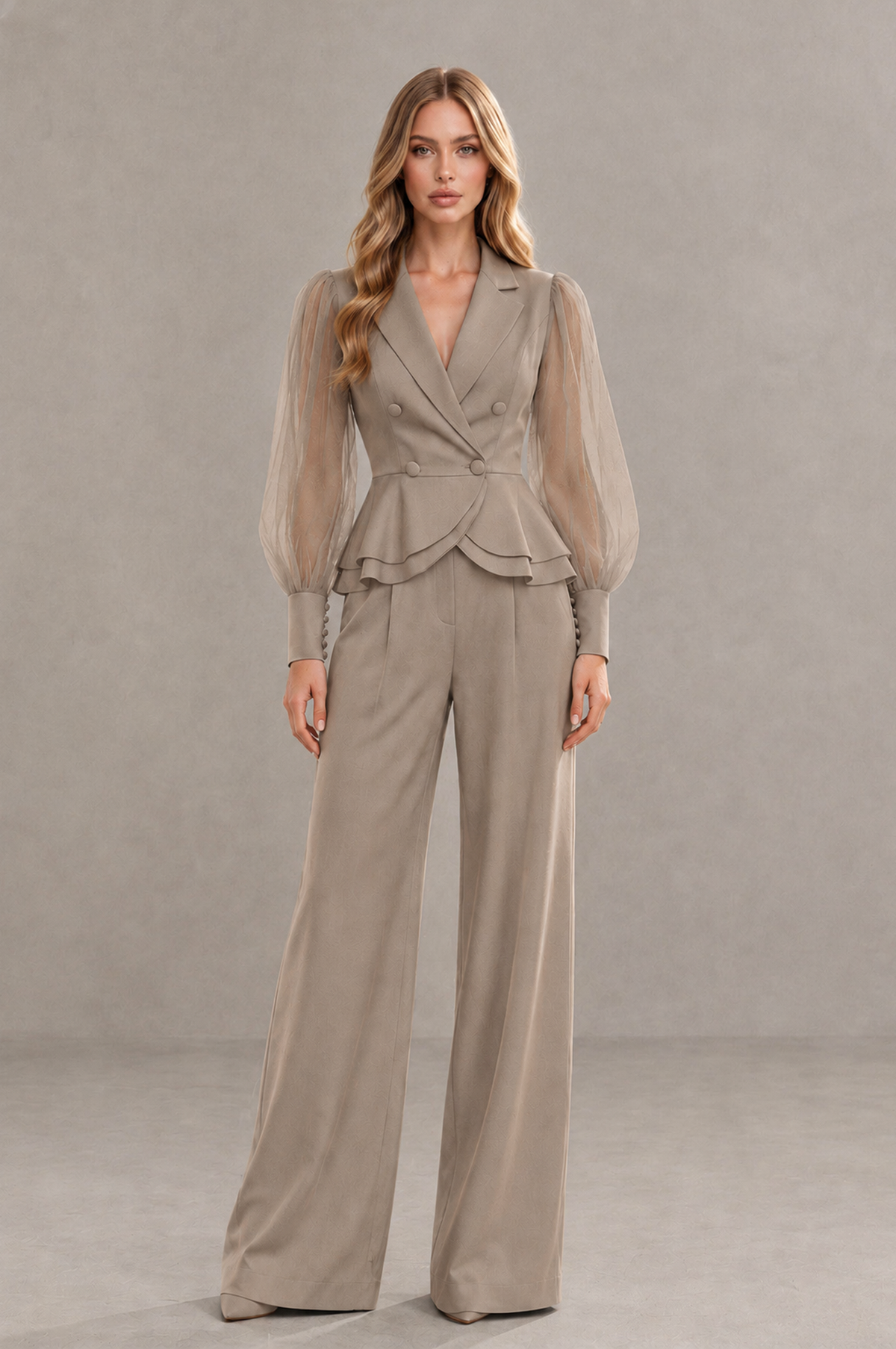 BOLODOO Mint Taupe Peplum Blazer Wide-Leg Pantsuit with Sheer Puff Sleeves - Taupe